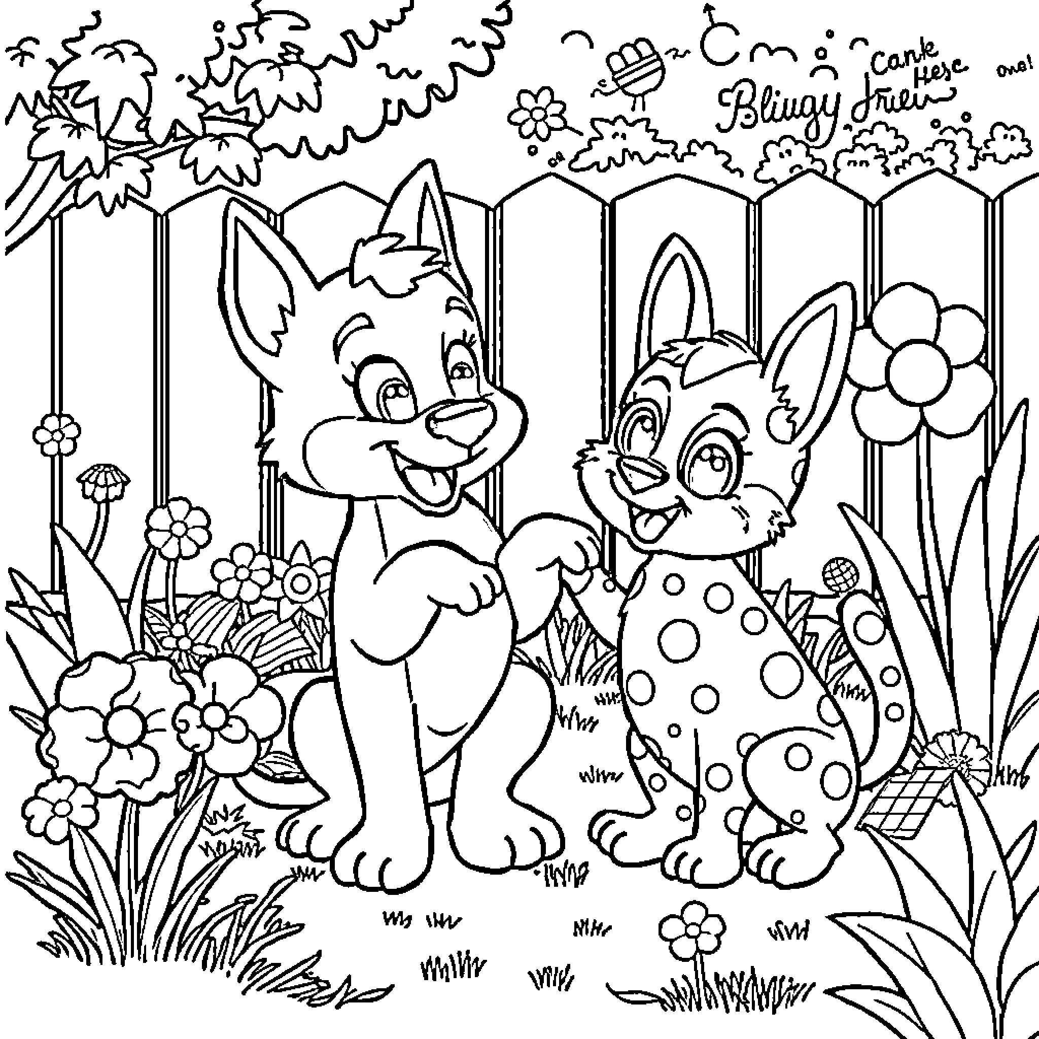 Bluey's Playful Encounter in the Garden Coloring Page (free black-and-white line drawing printable PDF for all, from beginners to advanced learners, including children, teens, adults, and seniors)