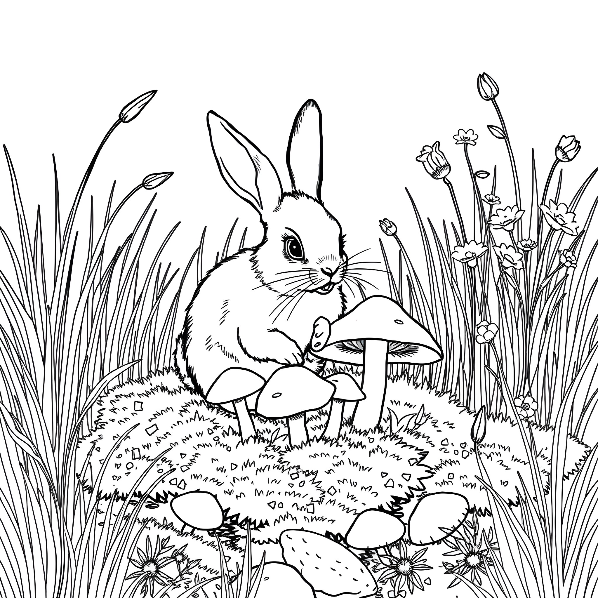 Rabbit exploring a magical forest Coloring Page (free black-and-white line drawing printable PDF for all, from beginners to advanced learners, including children, teens, adults, and seniors)
