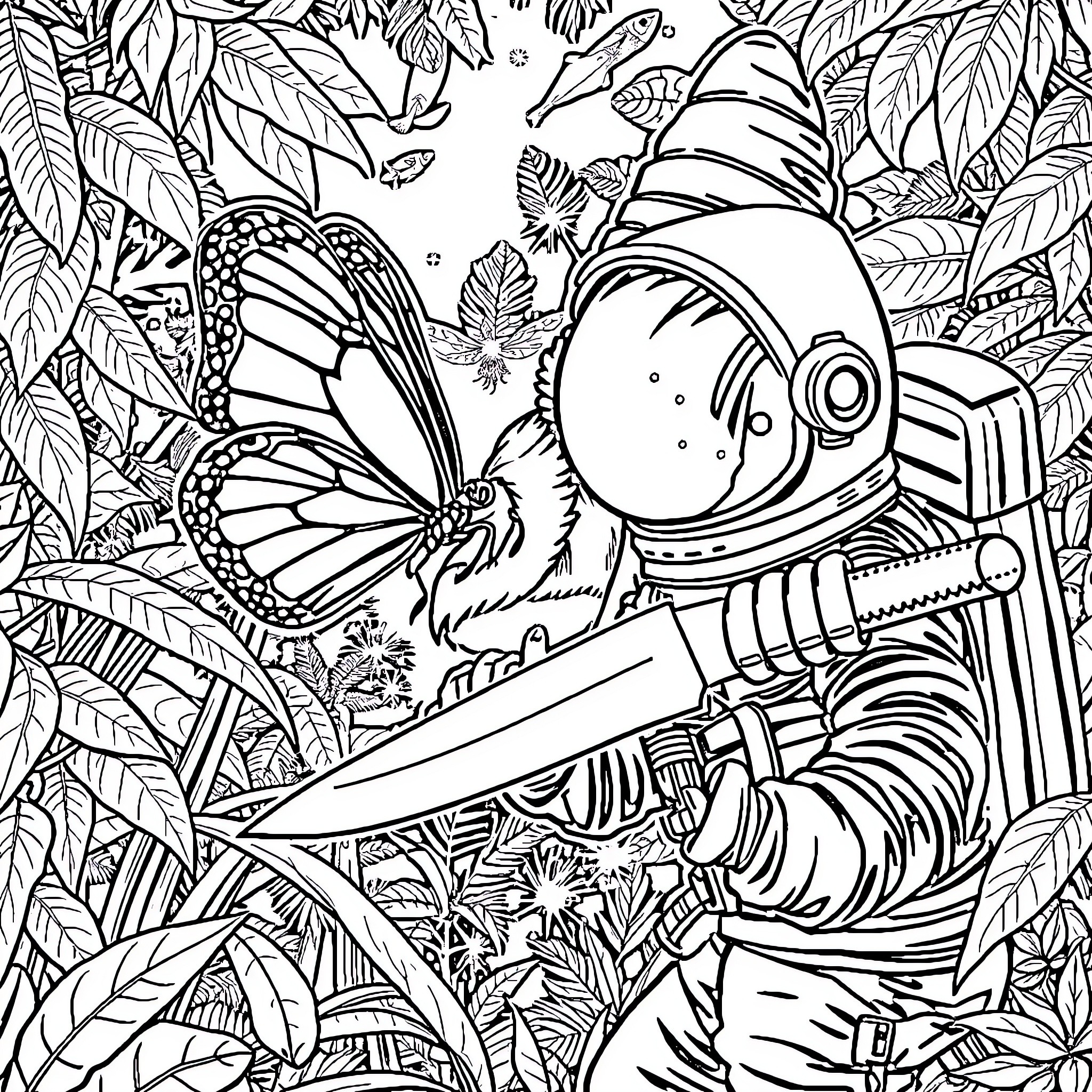 Conejo in the Jungle with Butterflies Coloring Page (free black-and-white line drawing printable PDF for all, from beginners to advanced learners, including children, teens, adults, and seniors)