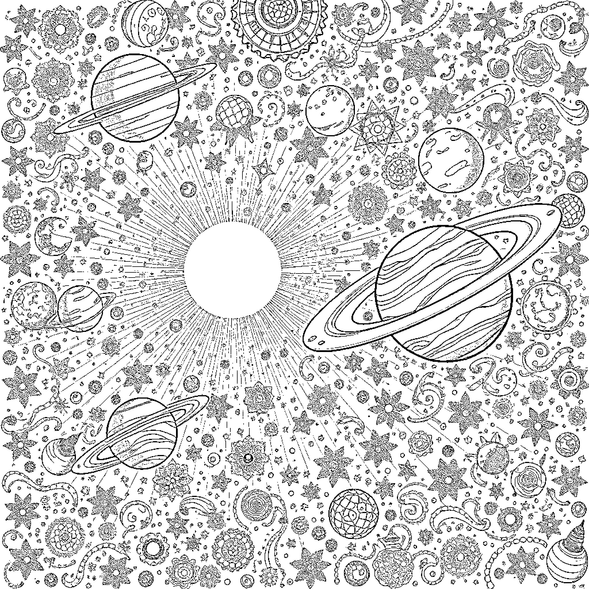 Solar System Celestial Wonders and Cosmic Patterns Coloring Page (free black-and-white line drawing printable PDF for all, from beginners to advanced learners, including children, teens, adults, and seniors)