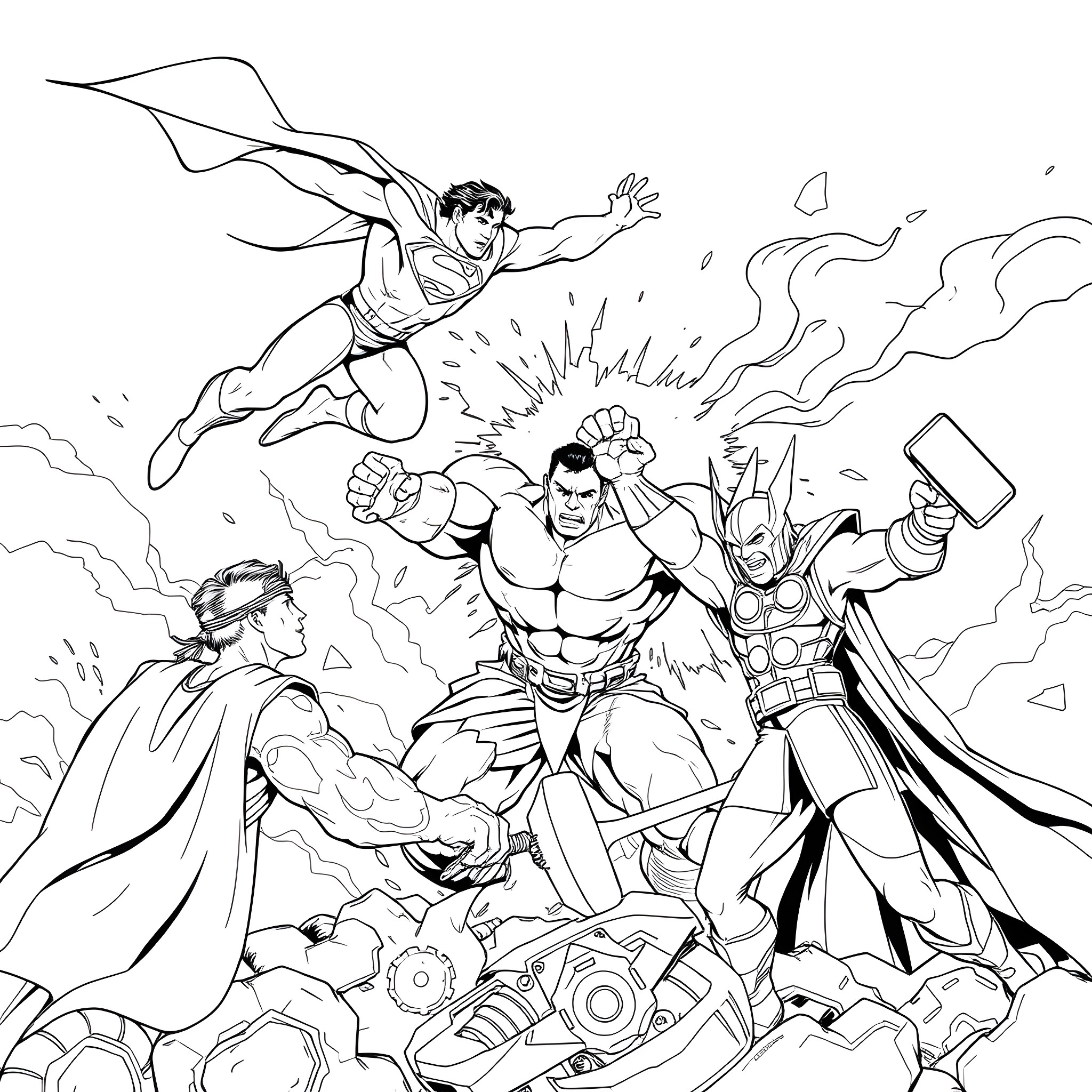 Superhero Epic Battle against Villains Coloring Page (free black-and-white line drawing printable PDF for all, from beginners to advanced learners, including children, teens, adults, and seniors)