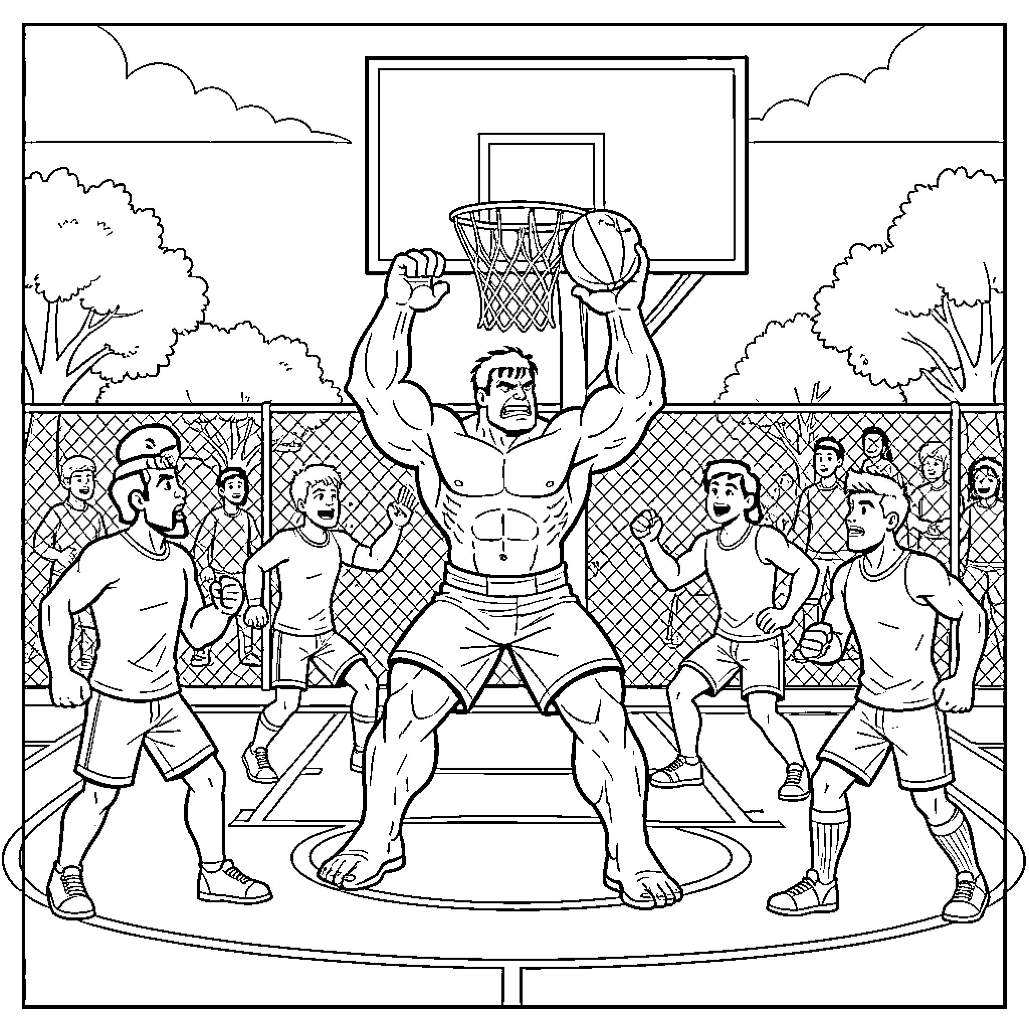 Hulk playing basketball with friends on a court Coloring Page (free black-and-white line drawing printable PDF for all, from beginners to advanced learners, including children, teens, adults, and seniors)