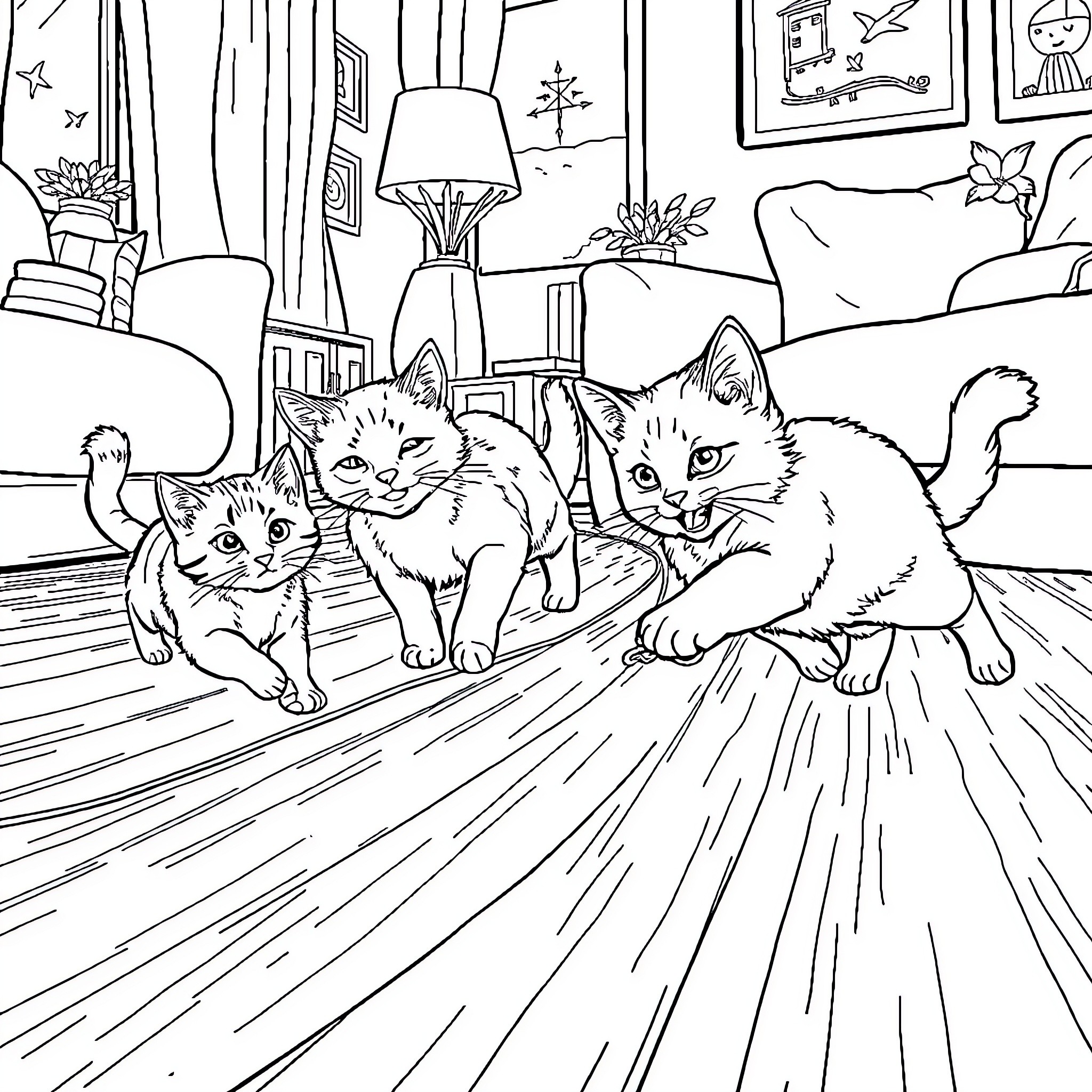 Cats Playing Joyfully in the Living Room Coloring Page (free black-and-white line drawing printable PDF for all, from beginners to advanced learners, including children, teens, adults, and seniors)