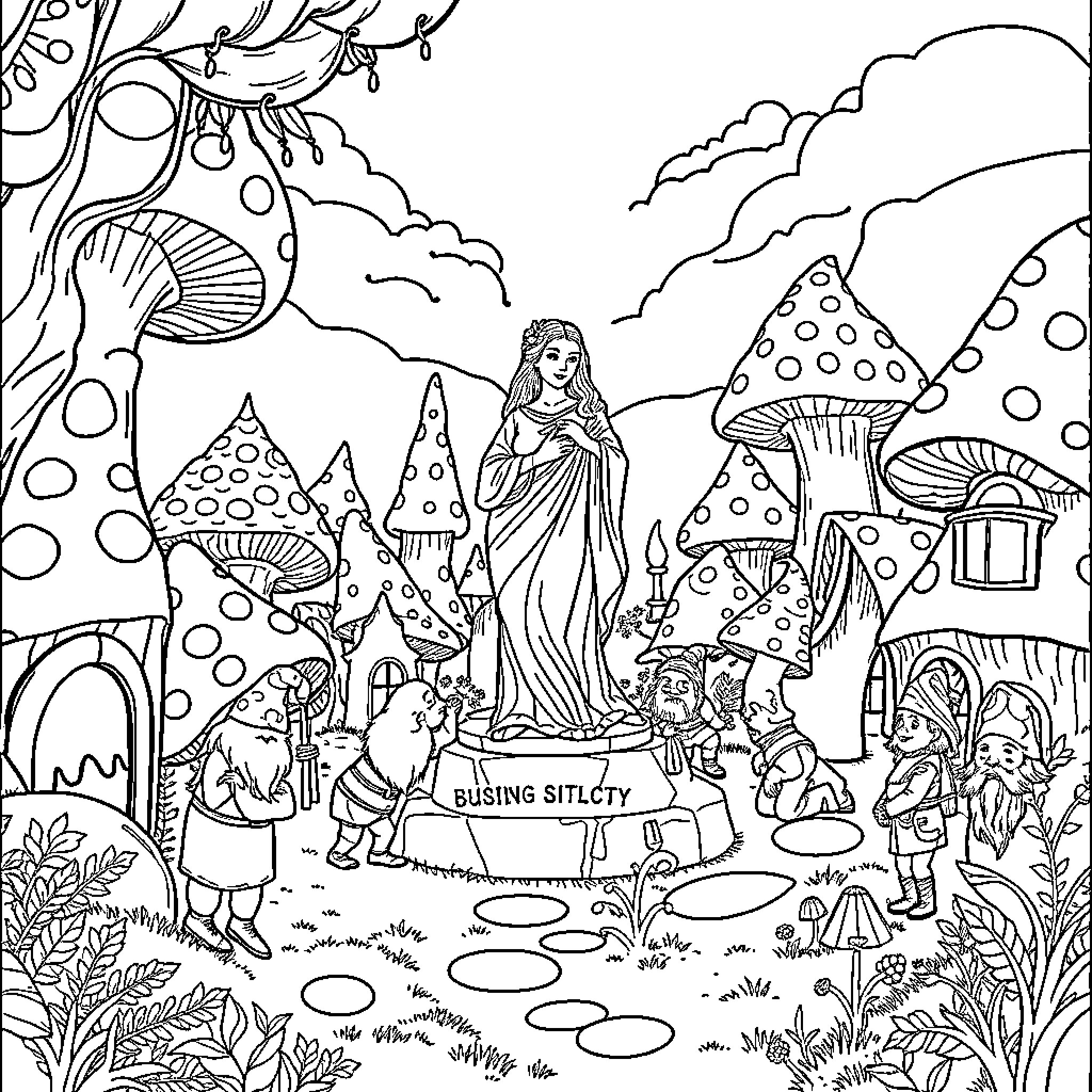Gnome village with whimsical mushrooms and fantastical creatures Coloring Page (free black-and-white line drawing printable PDF for all, from beginners to advanced learners, including children, teens, adults, and seniors)