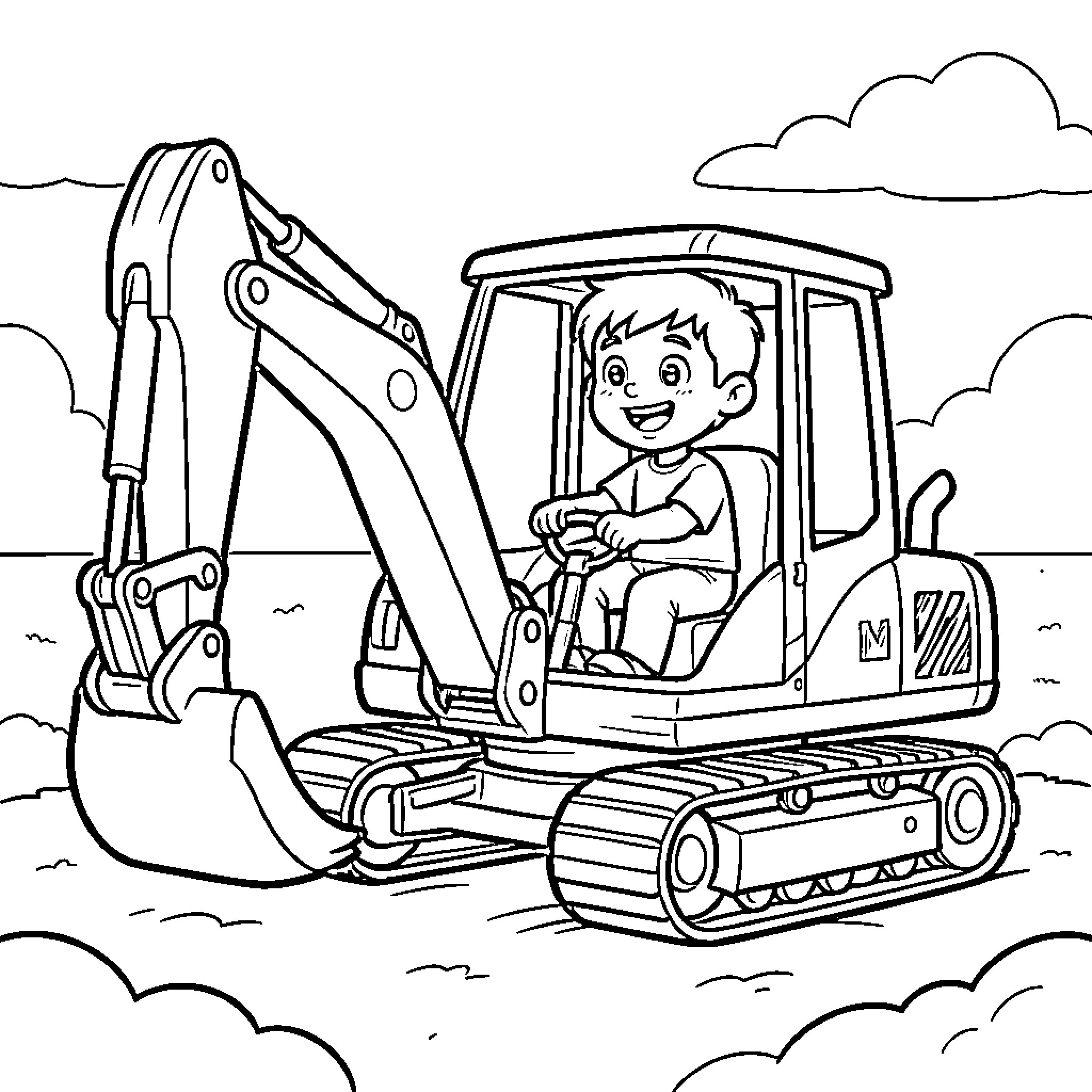 Boy operating a heavy construction machinery on a worksite Coloring Page (free black-and-white line drawing printable PDF for all, from beginners to advanced learners, including children, teens, adults, and seniors)
