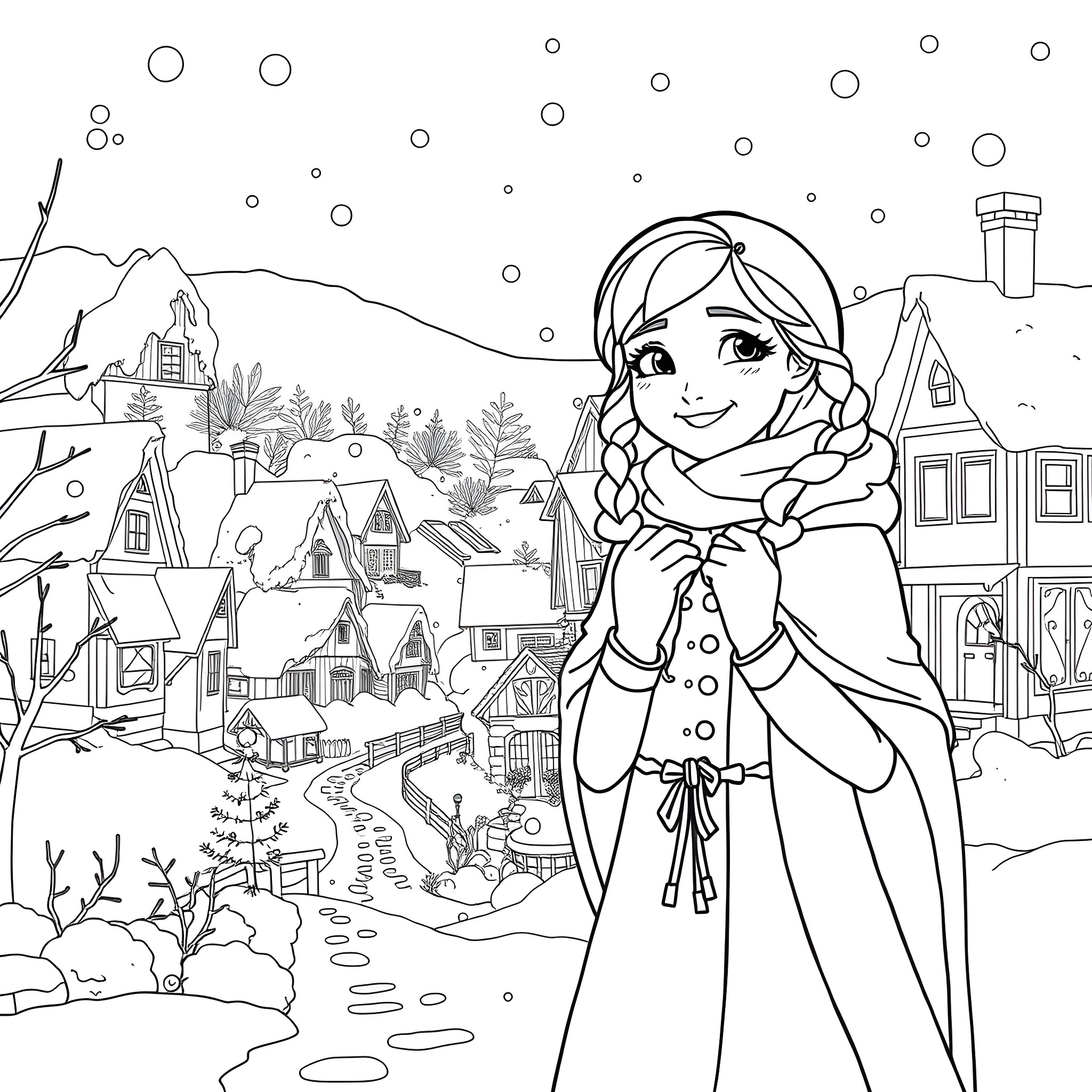 Anna enjoying the snowy winter wonderland Coloring Page (free black-and-white line drawing printable PDF for all, from beginners to advanced learners, including children, teens, adults, and seniors)