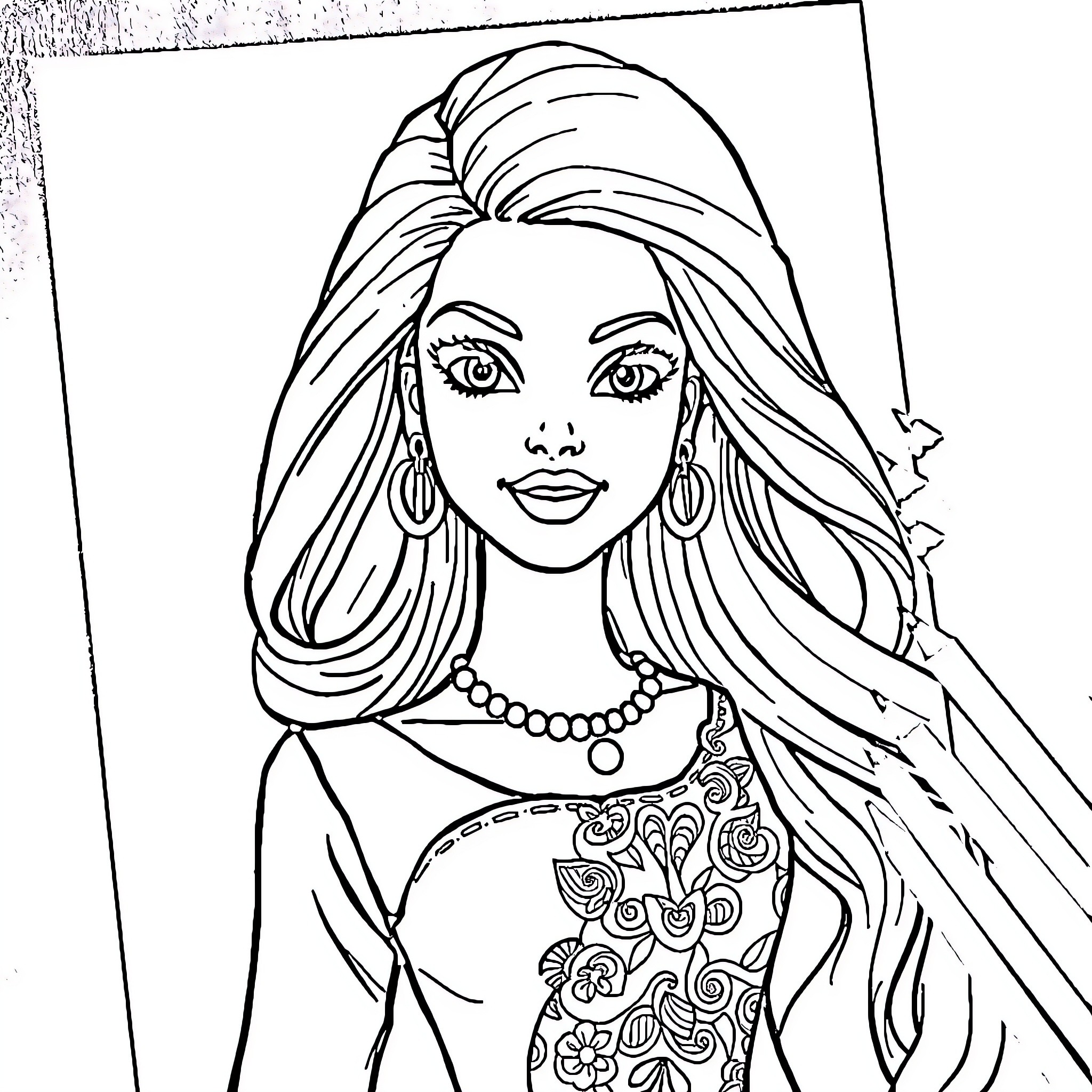 Barbie in elegant attire with intricate floral pattern Coloring Page (free black-and-white line drawing printable PDF for all, from beginners to advanced learners, including children, teens, adults, and seniors)