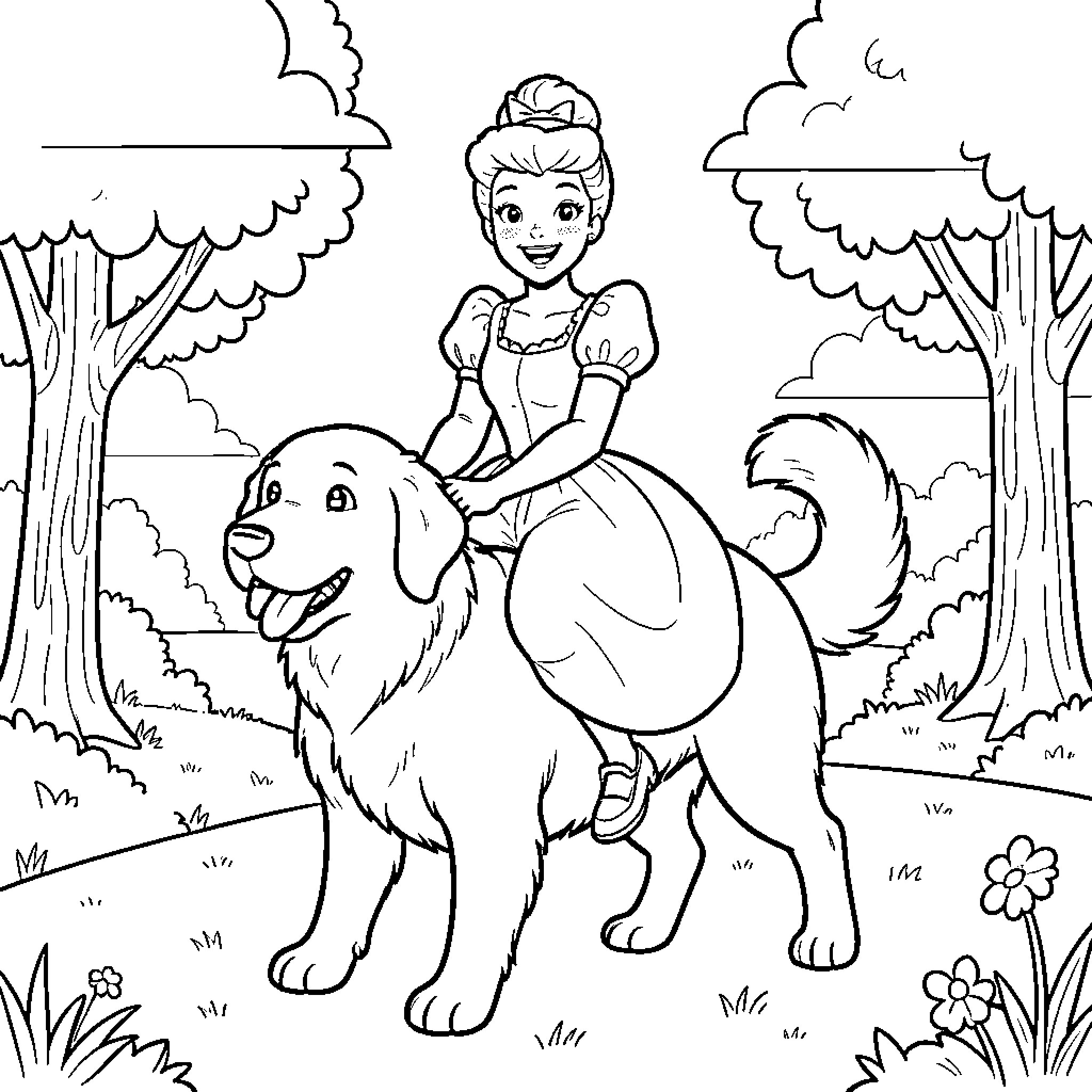 Cinderella riding a large dog through the forest Coloring Page (free black-and-white line drawing printable PDF for all, from beginners to advanced learners, including children, teens, adults, and seniors)