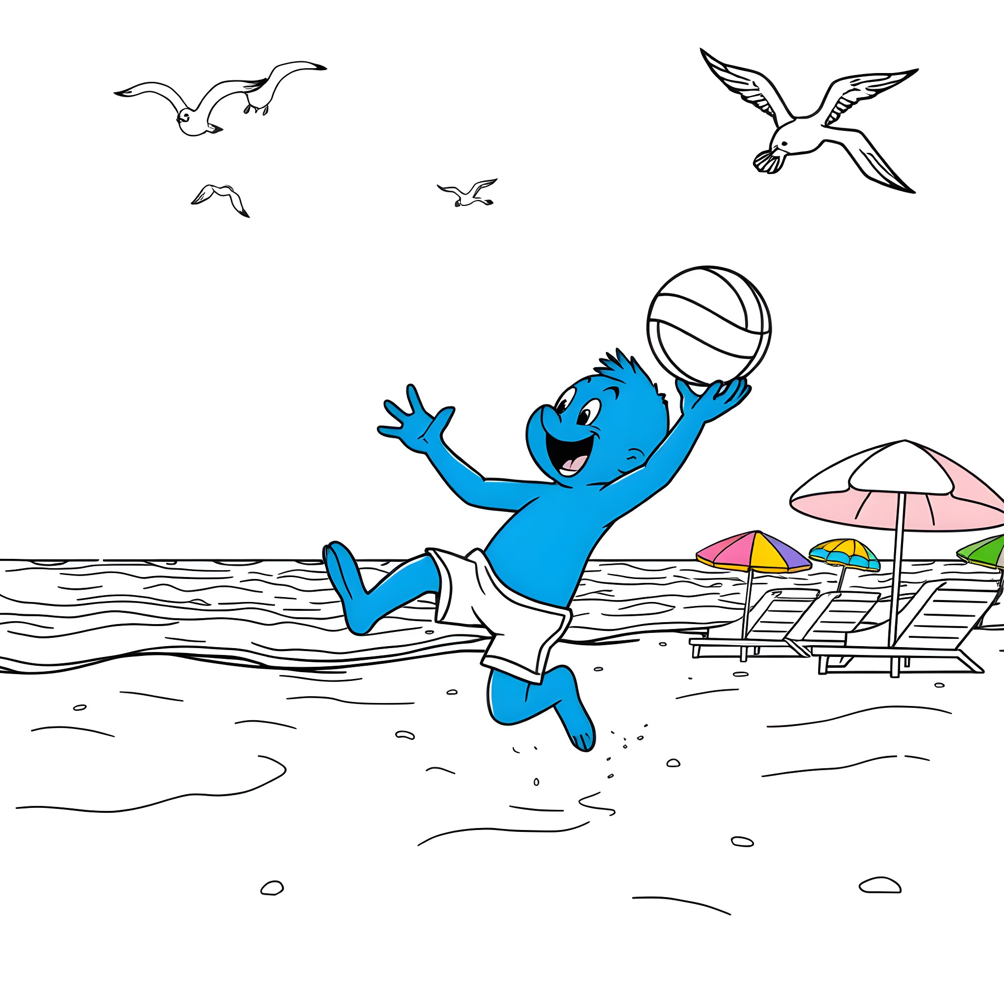 Bluey playing happily with a beach ball on the beach Coloring Page (free black-and-white line drawing printable PDF for all, from beginners to advanced learners, including children, teens, adults, and seniors)