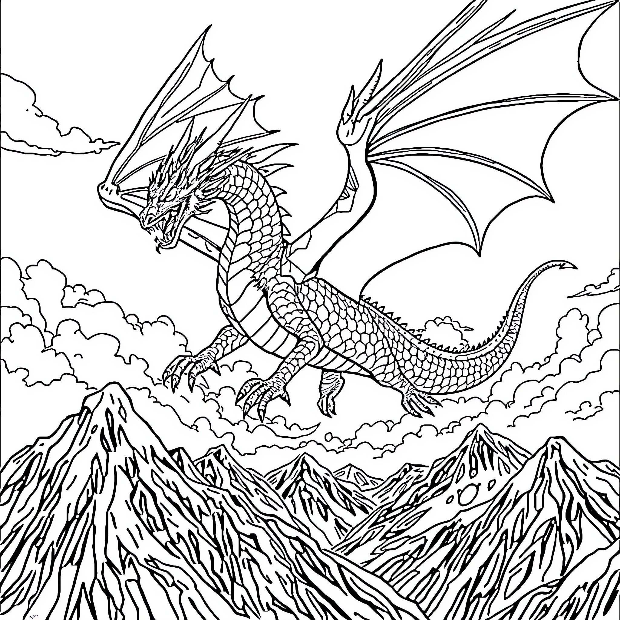 Dragon soaring over majestic mountain landscape Coloring Page (free black-and-white line drawing printable PDF for all, from beginners to advanced learners, including children, teens, adults, and seniors)