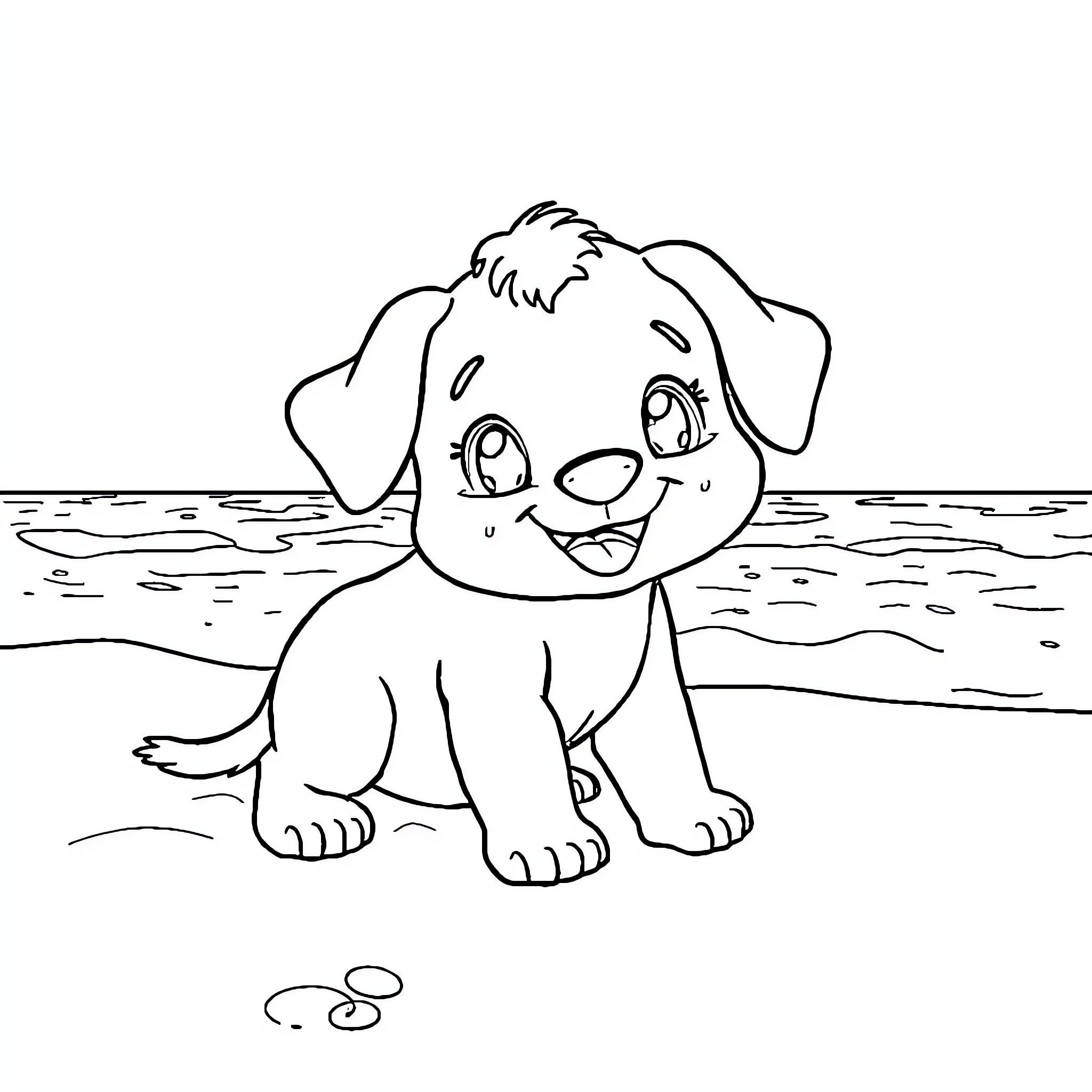 Labubu the Curious Puppy at the Beach Coloring Page (free black-and-white line drawing printable PDF for all, from beginners to advanced learners, including children, teens, adults, and seniors)