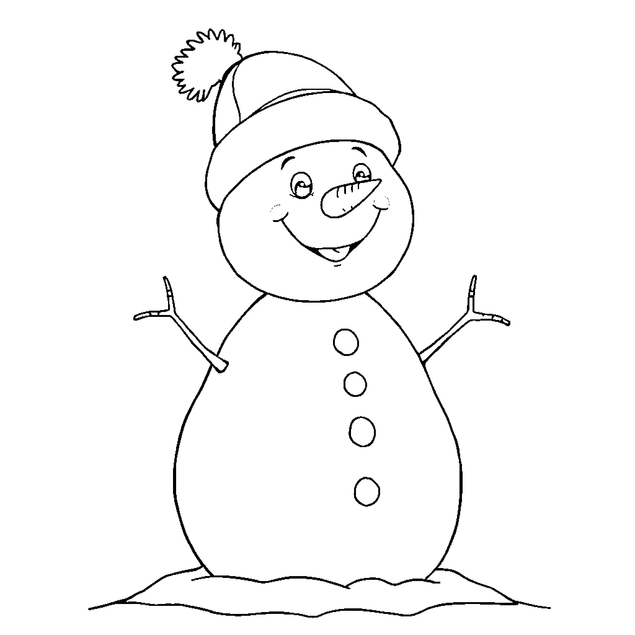 Snowman with cheerful expression and winter hat Coloring Page (free black-and-white line drawing printable PDF for all, from beginners to advanced learners, including children, teens, adults, and seniors)