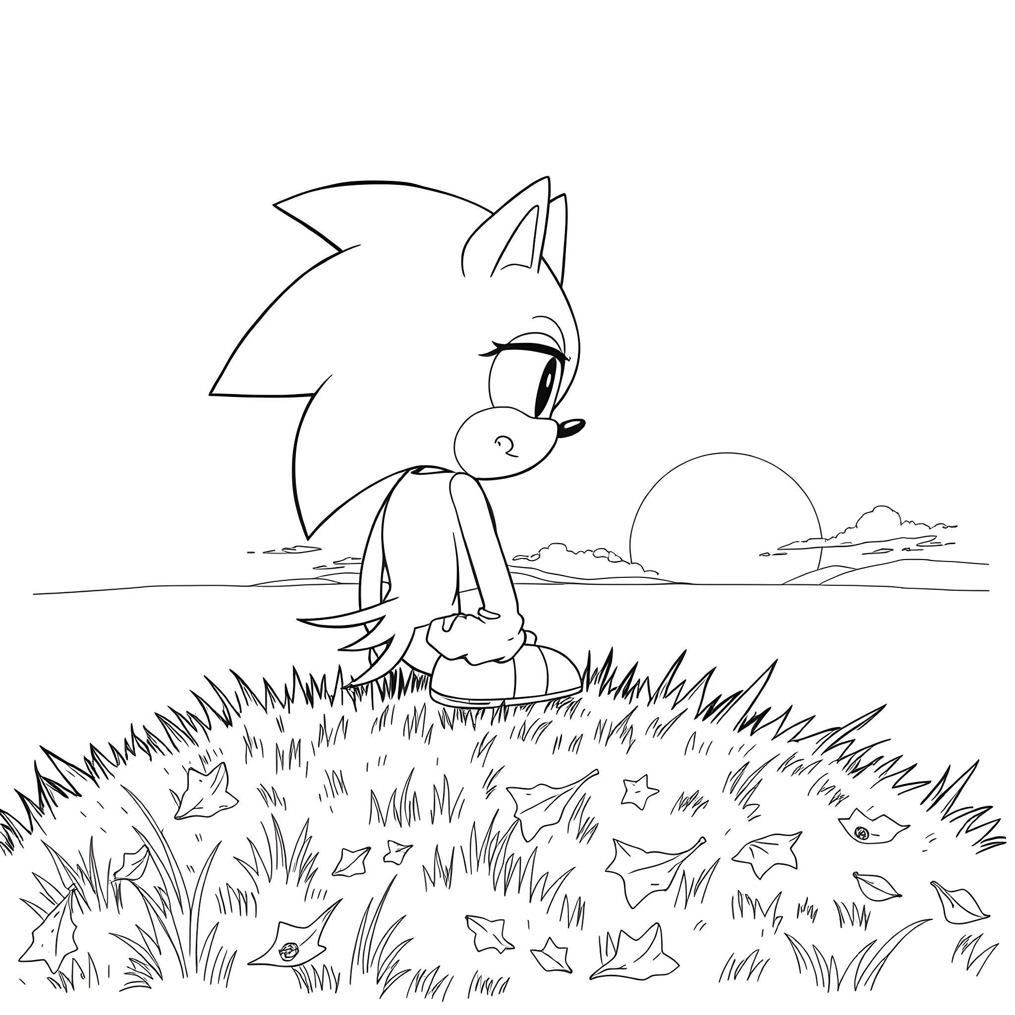 Sonic running through a peaceful nature scene Coloring Page (free black-and-white line drawing printable PDF for all, from beginners to advanced learners, including children, teens, adults, and seniors)