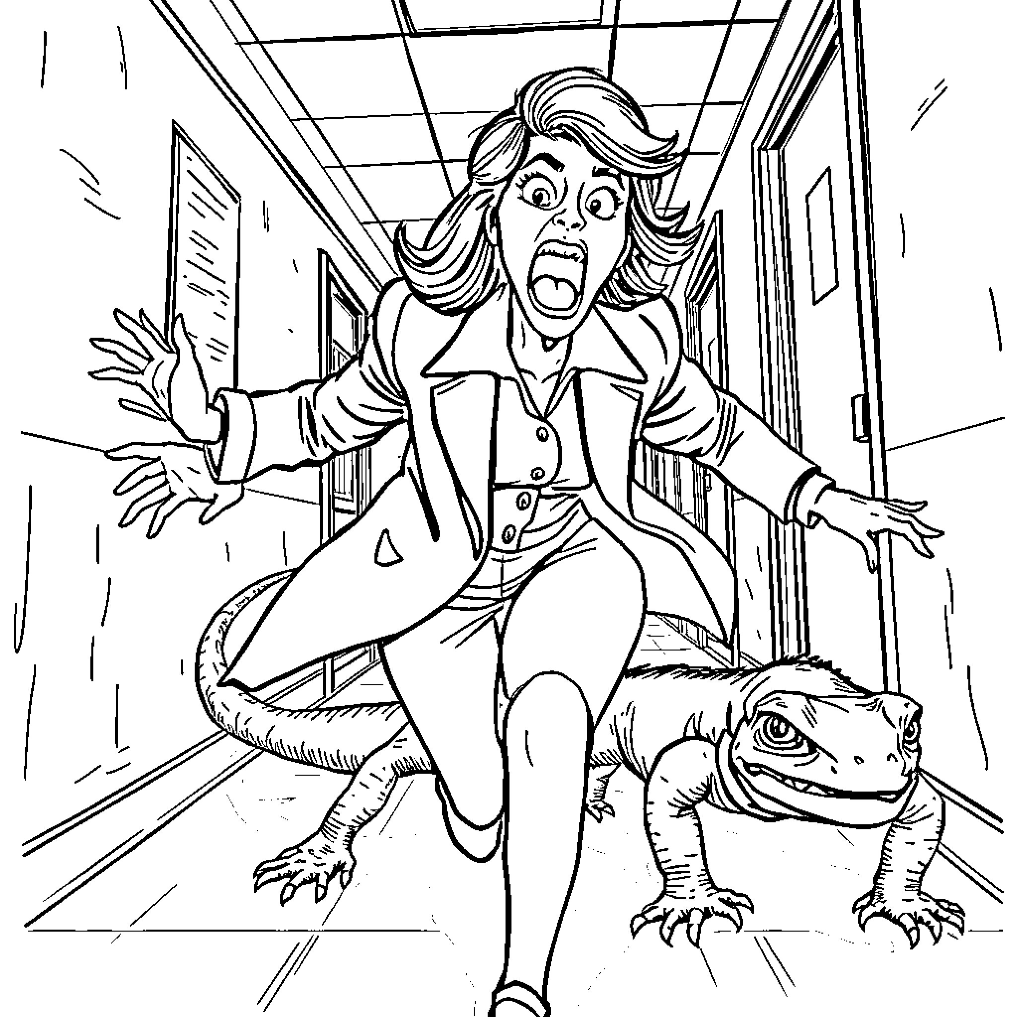 Principal Screaming at Approaching Lizard in Hallway Coloring Page (free black-and-white line drawing printable PDF for all, from beginners to advanced learners, including children, teens, adults, and seniors)