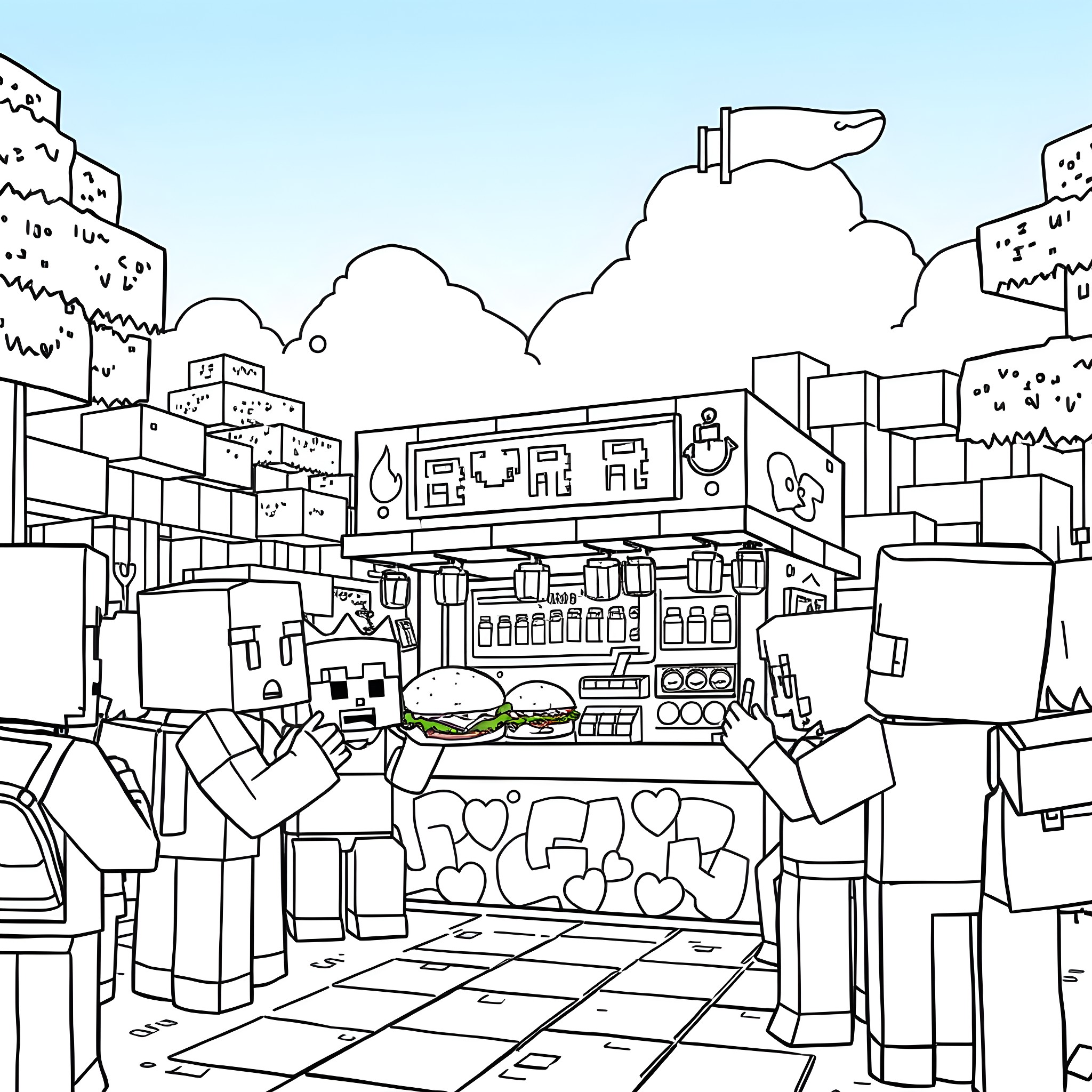 Burger Shop in Lively Cartoon City Coloring Page (free black-and-white line drawing printable PDF for all, from beginners to advanced learners, including children, teens, adults, and seniors)