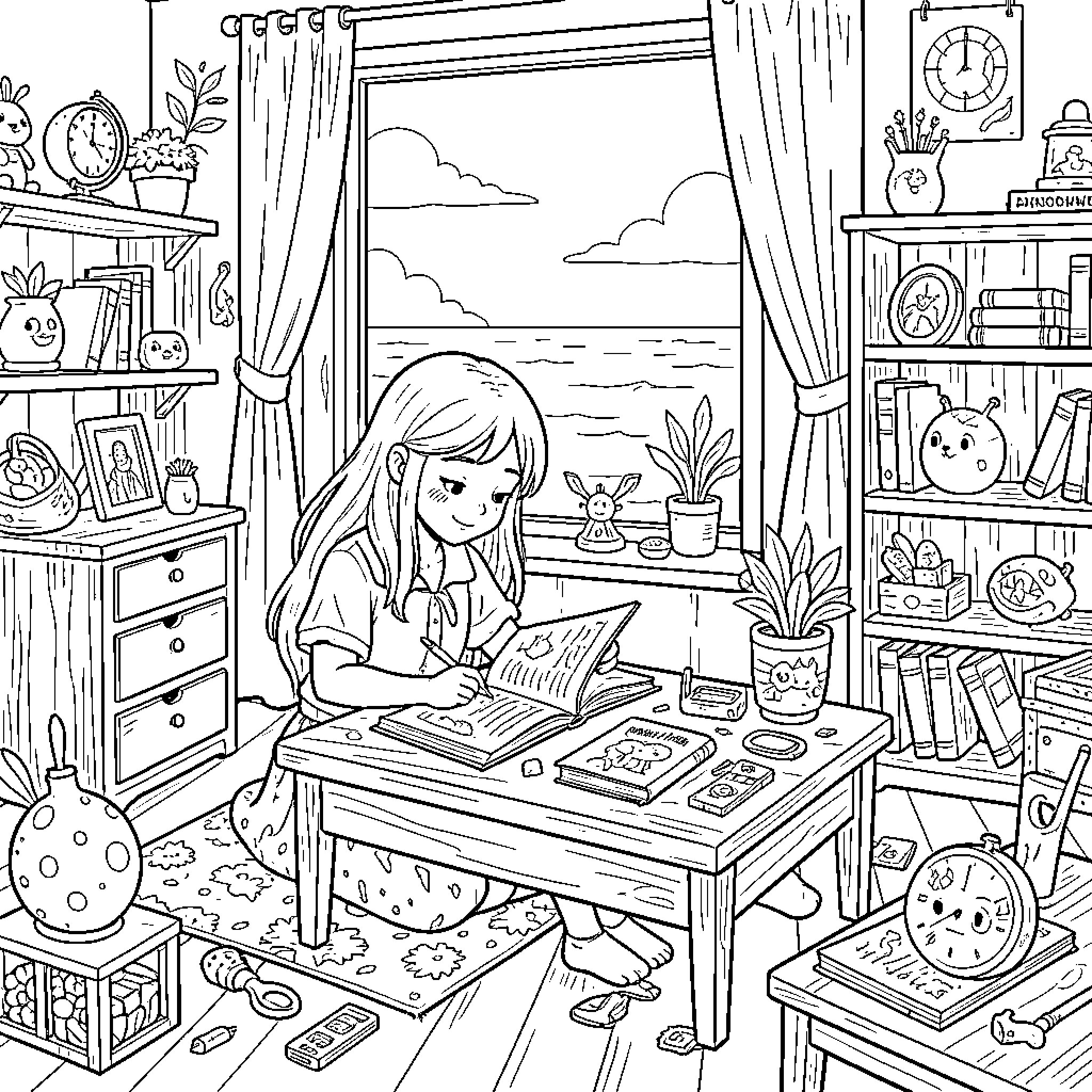Fille sitting at a desk writing in her notebook Coloring Page (free black-and-white line drawing printable PDF for all, from beginners to advanced learners, including children, teens, adults, and seniors)