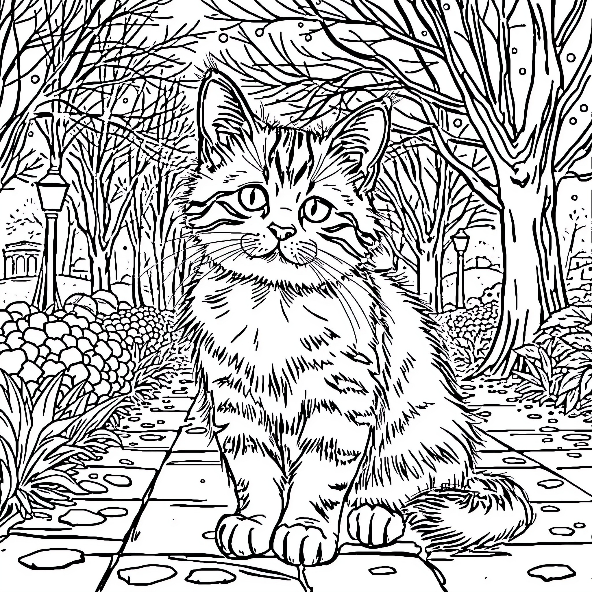 Cat exploring enchanted forest path Coloring Page (free black-and-white line drawing printable PDF for all, from beginners to advanced learners, including children, teens, adults, and seniors)