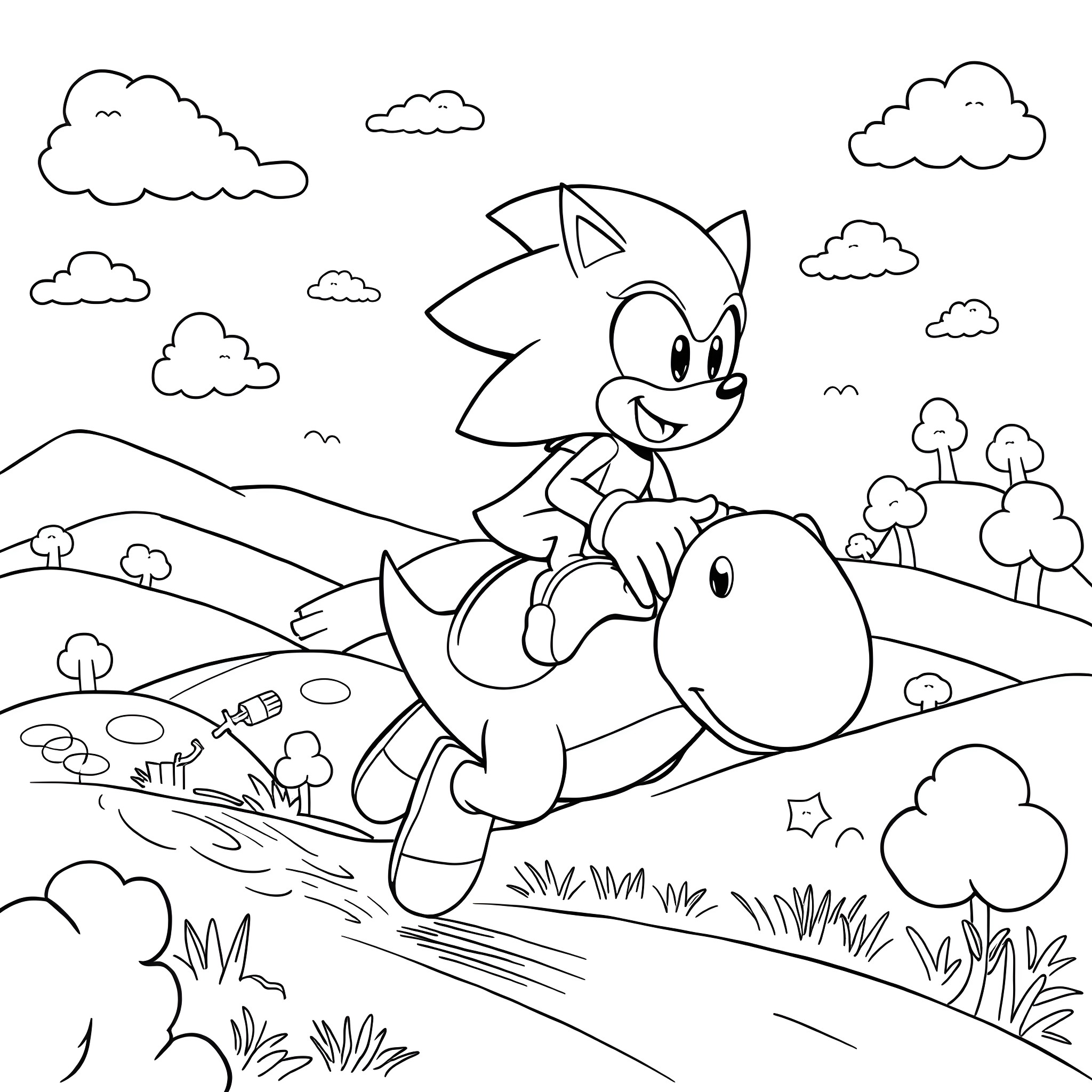 Sonic adventuring through the scenic countryside Coloring Page (free black-and-white line drawing printable PDF for all, from beginners to advanced learners, including children, teens, adults, and seniors)