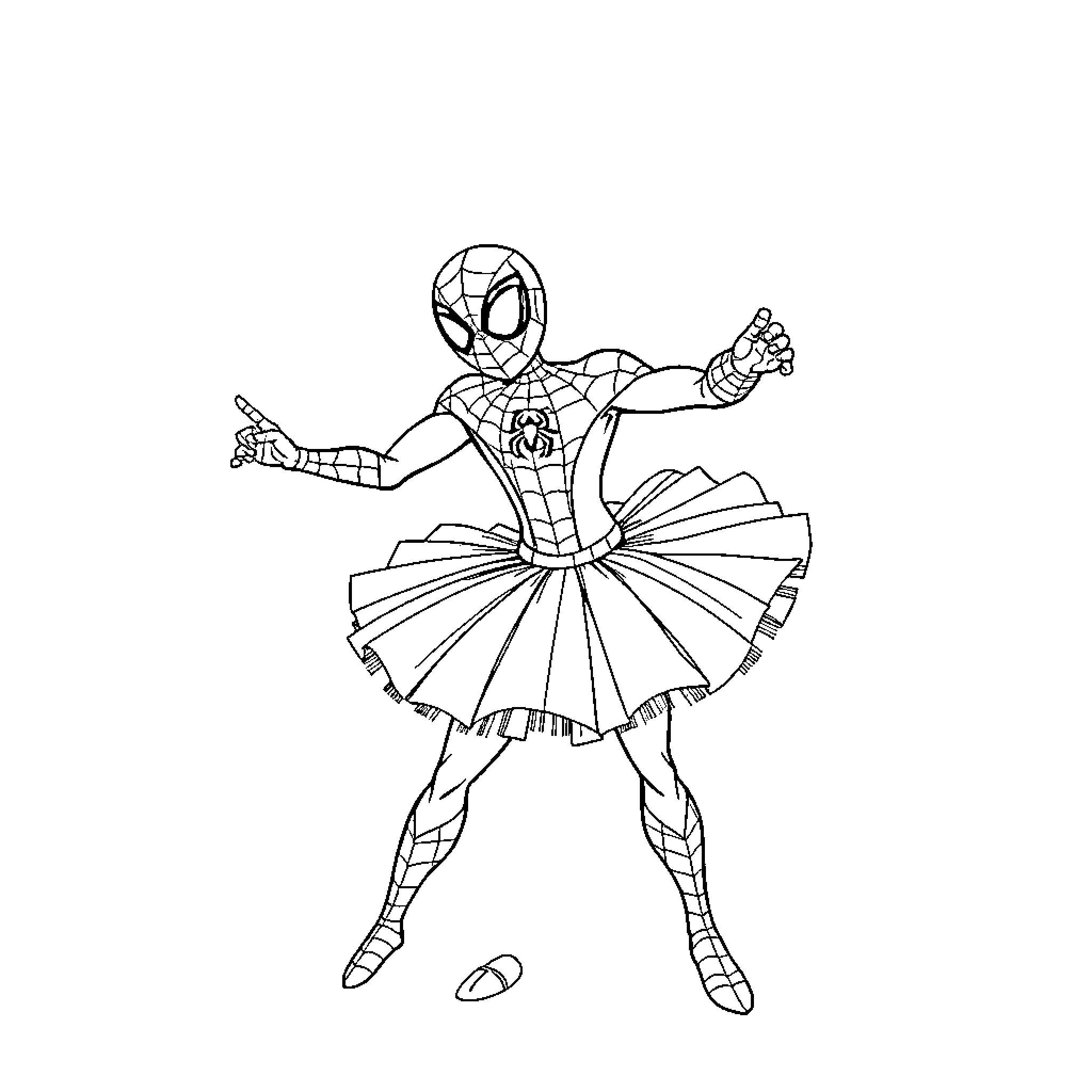 Spider-Man in Ballerina Outfit Striking Heroic Pose Coloring Page (free black-and-white line drawing printable PDF for all, from beginners to advanced learners, including children, teens, adults, and seniors)
