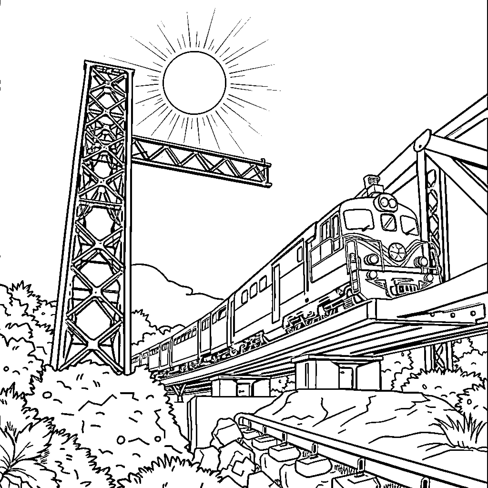 Train crossing a bridge under a shining sun Coloring Page (free black-and-white line drawing printable PDF for all, from beginners to advanced learners, including children, teens, adults, and seniors)