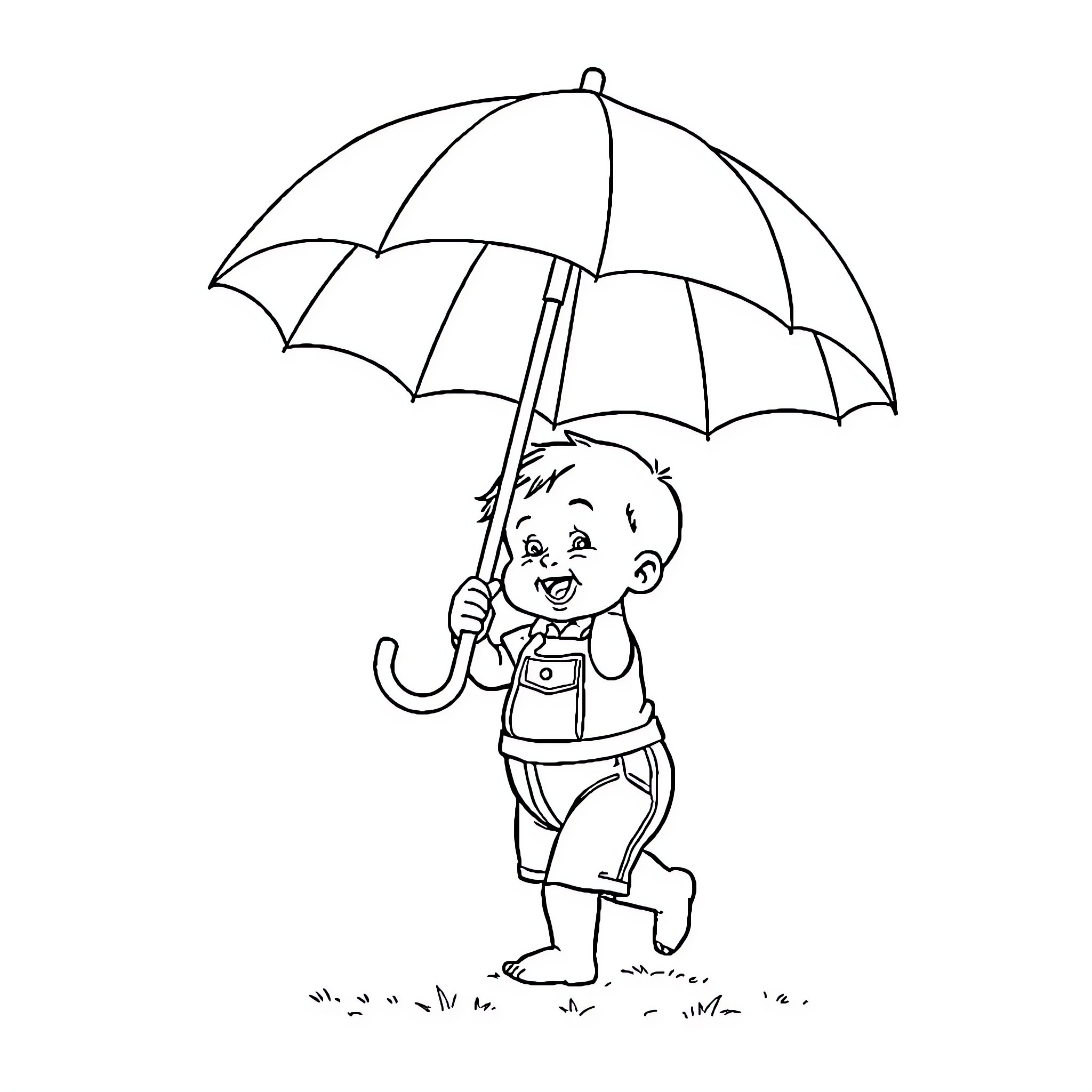 Baby playing with umbrella in the rain Coloring Page (free black-and-white line drawing printable PDF for all, from beginners to advanced learners, including children, teens, adults, and seniors)