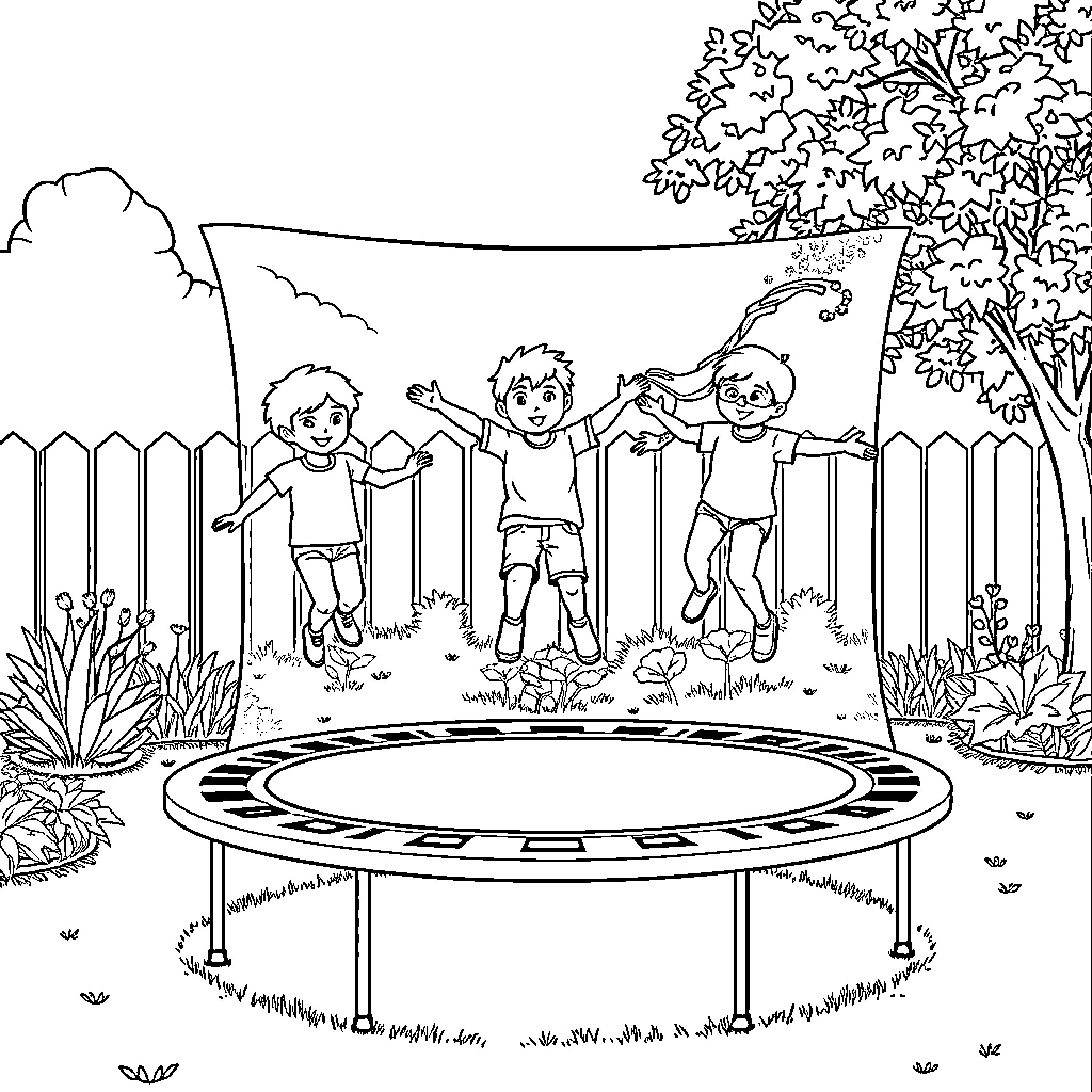 Sibling siblings playing on trampoline in backyard Coloring Page (free black-and-white line drawing printable PDF for all, from beginners to advanced learners, including children, teens, adults, and seniors)