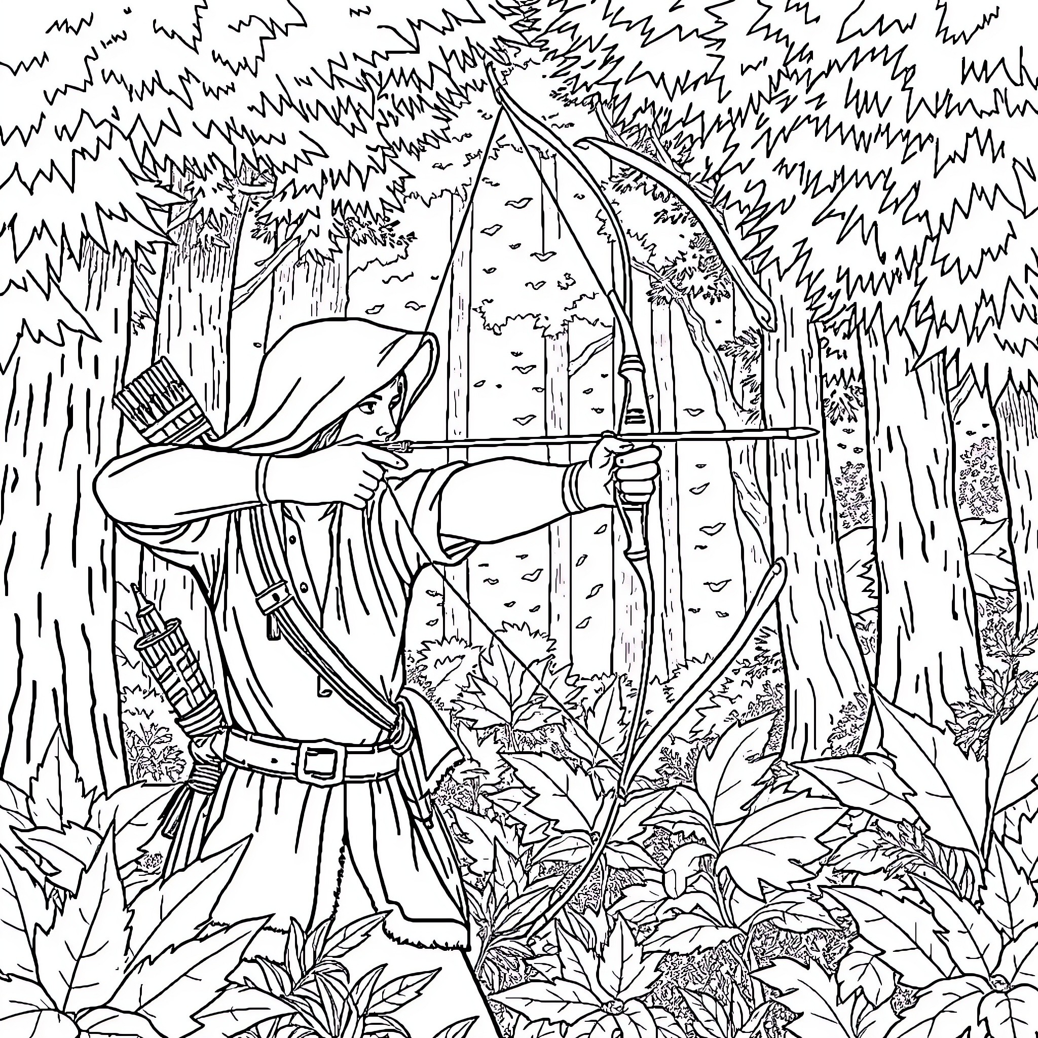 Archer stalking through the lush forest Coloring Page (free black-and-white line drawing printable PDF for all, from beginners to advanced learners, including children, teens, adults, and seniors)