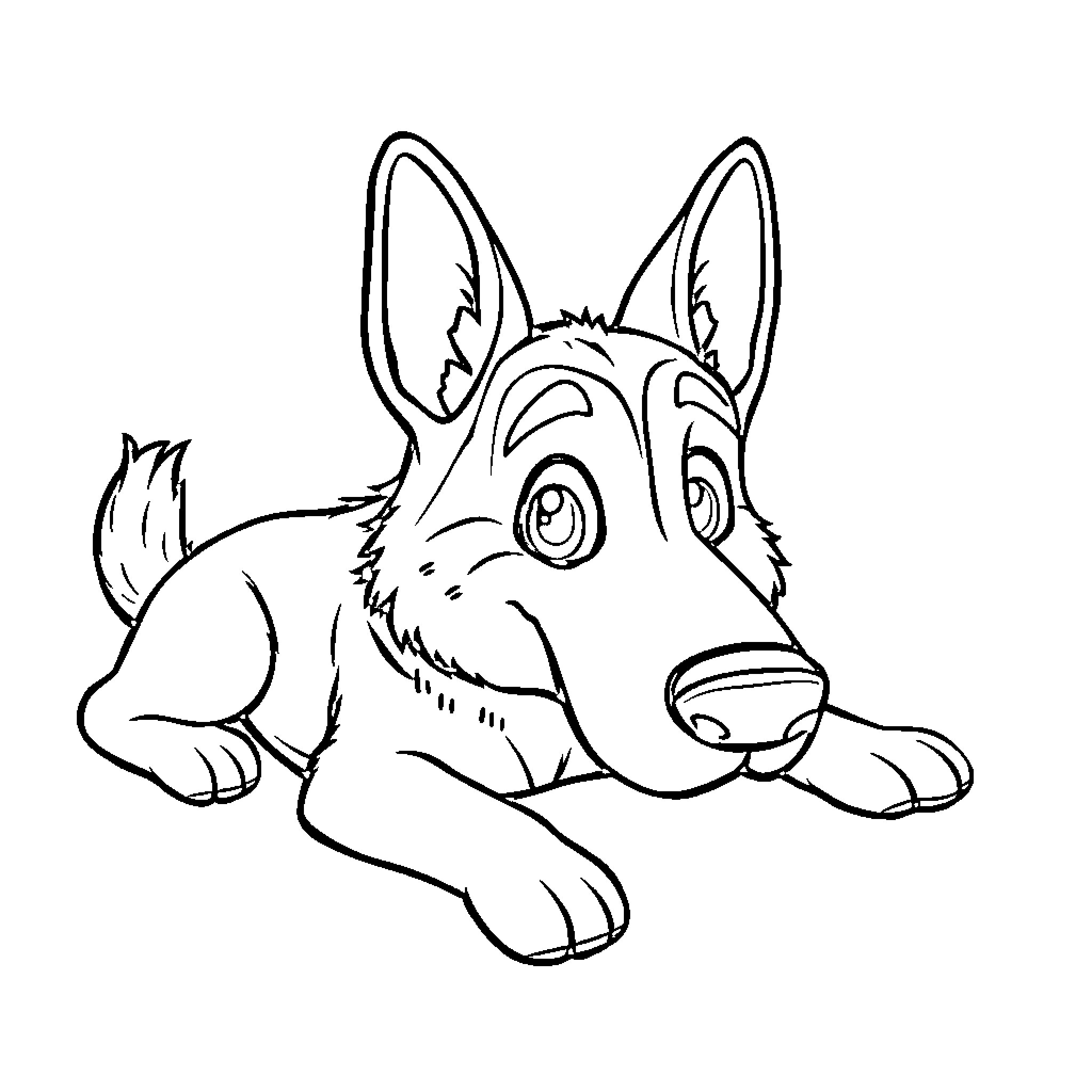German Shepherd dog relaxing and resting Coloring Page (free black-and-white line drawing printable PDF for all, from beginners to advanced learners, including children, teens, adults, and seniors)