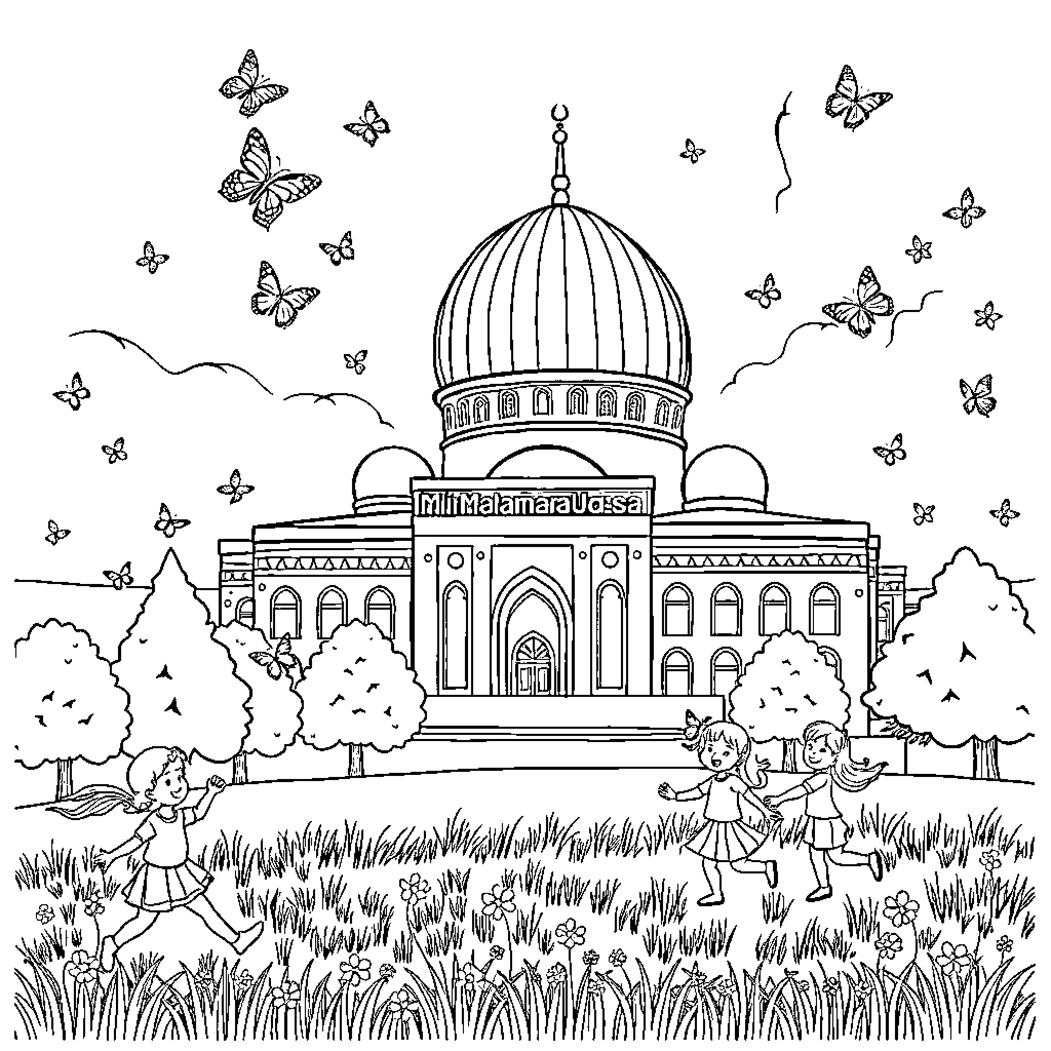 Al Aqsa Mosque with butterflies and children playing Coloring Page (free black-and-white line drawing printable PDF for all, from beginners to advanced learners, including children, teens, adults, and seniors)