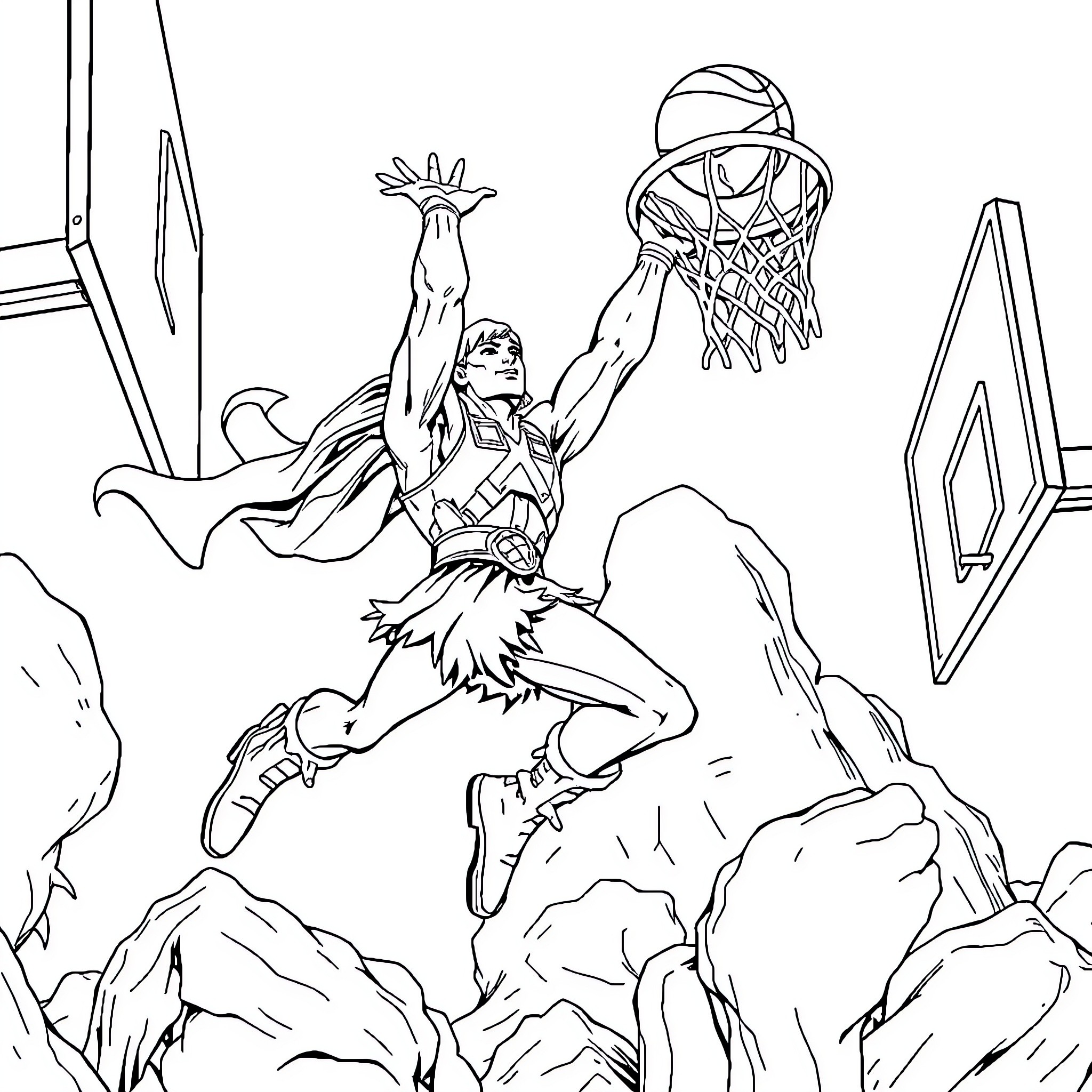 He-Man leaping to dunk the basketball in the hoop Coloring Page (free black-and-white line drawing printable PDF for all, from beginners to advanced learners, including children, teens, adults, and seniors)