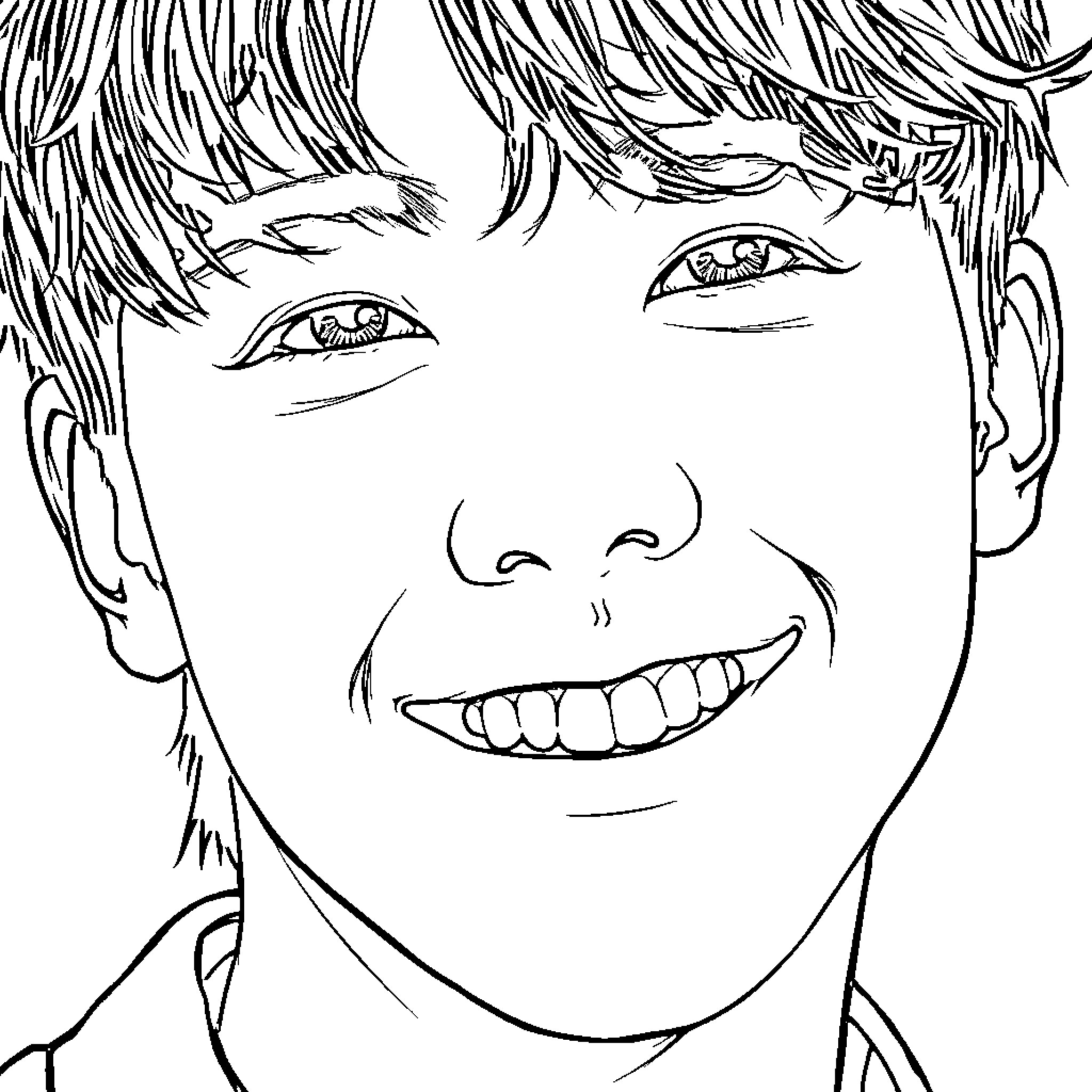 Jungkook's Cheerful Expression Coloring Page (free black-and-white line drawing printable PDF for all, from beginners to advanced learners, including children, teens, adults, and seniors)