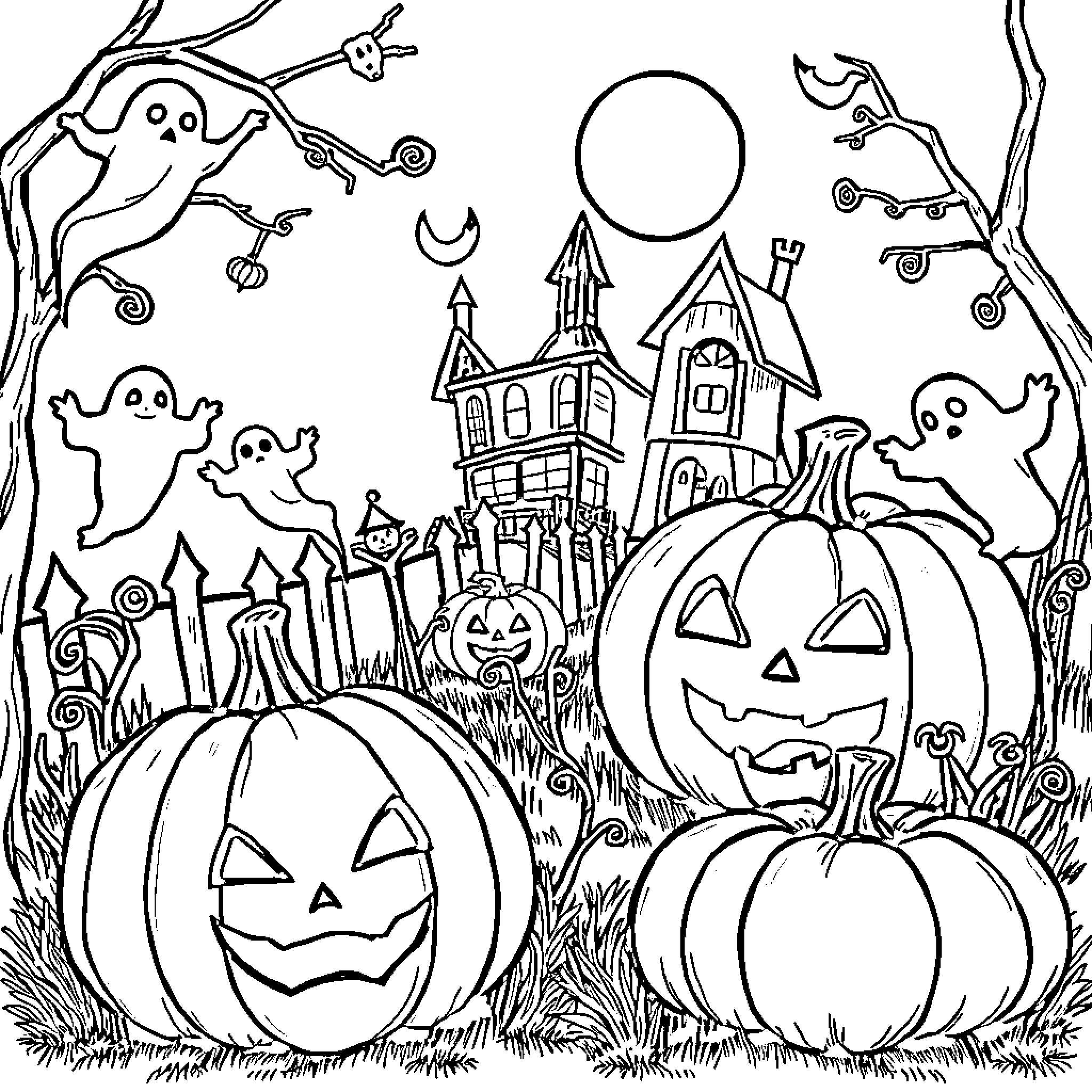 Pumpkins and Spooky Ghosts in a Haunted Scene Coloring Page (free black-and-white line drawing printable PDF for all, from beginners to advanced learners, including children, teens, adults, and seniors)
