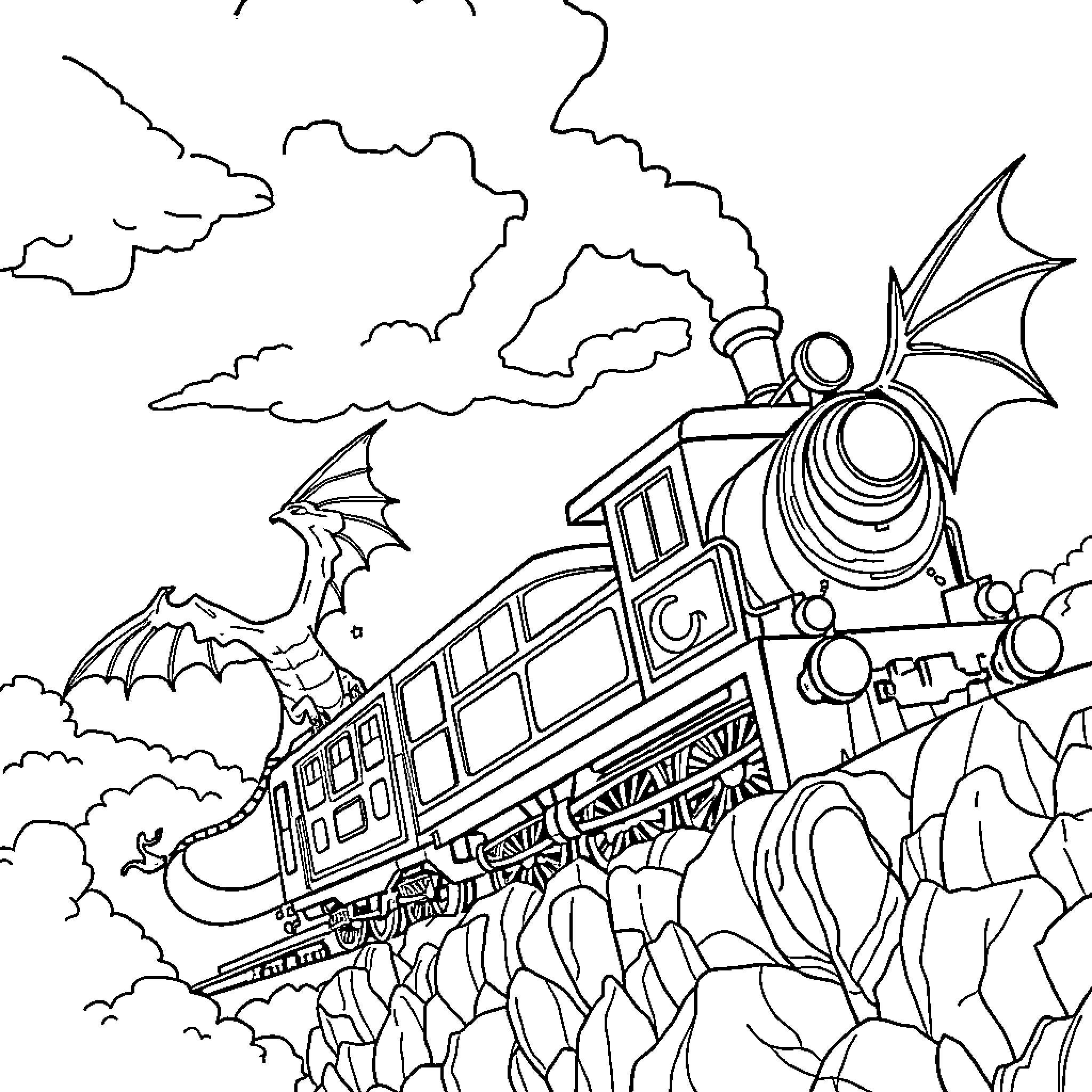 Train travelling through fantastical landscape with dragons Coloring Page (free black-and-white line drawing printable PDF for all, from beginners to advanced learners, including children, teens, adults, and seniors)