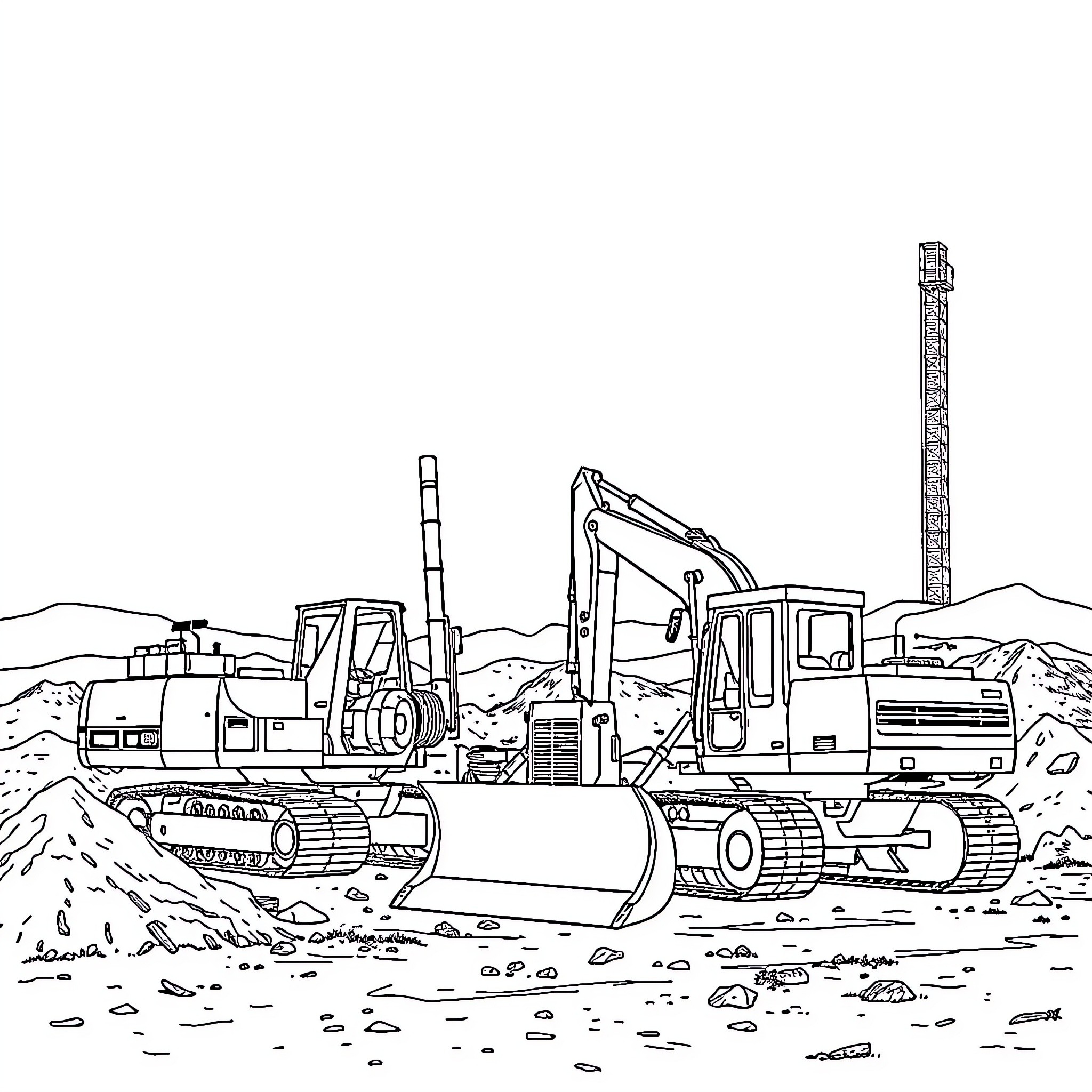 Construction Equipment Operating on Construction Site Coloring Page (free black-and-white line drawing printable PDF for all, from beginners to advanced learners, including children, teens, adults, and seniors)