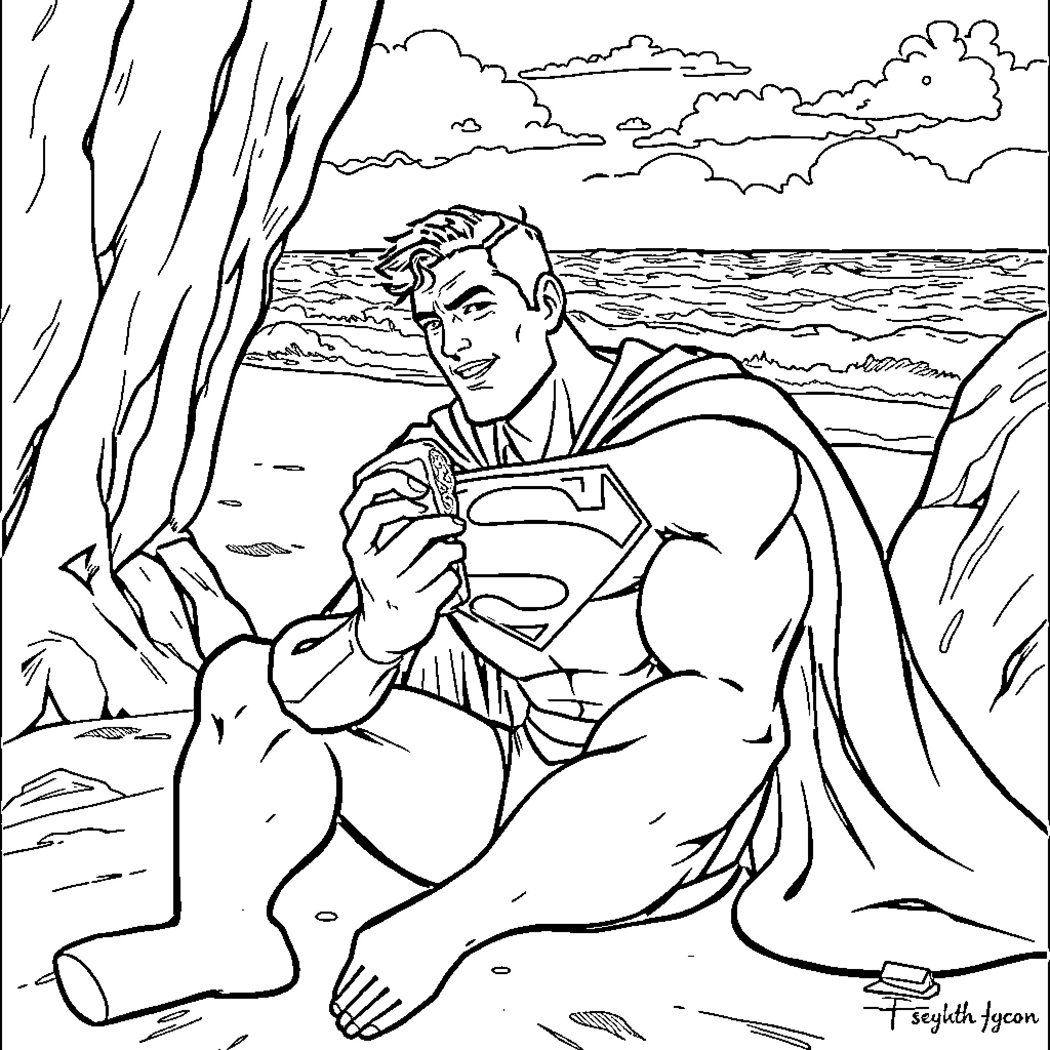 Superman resting by the ocean in nature Coloring Page (free black-and-white line drawing printable PDF for all, from beginners to advanced learners, including children, teens, adults, and seniors)