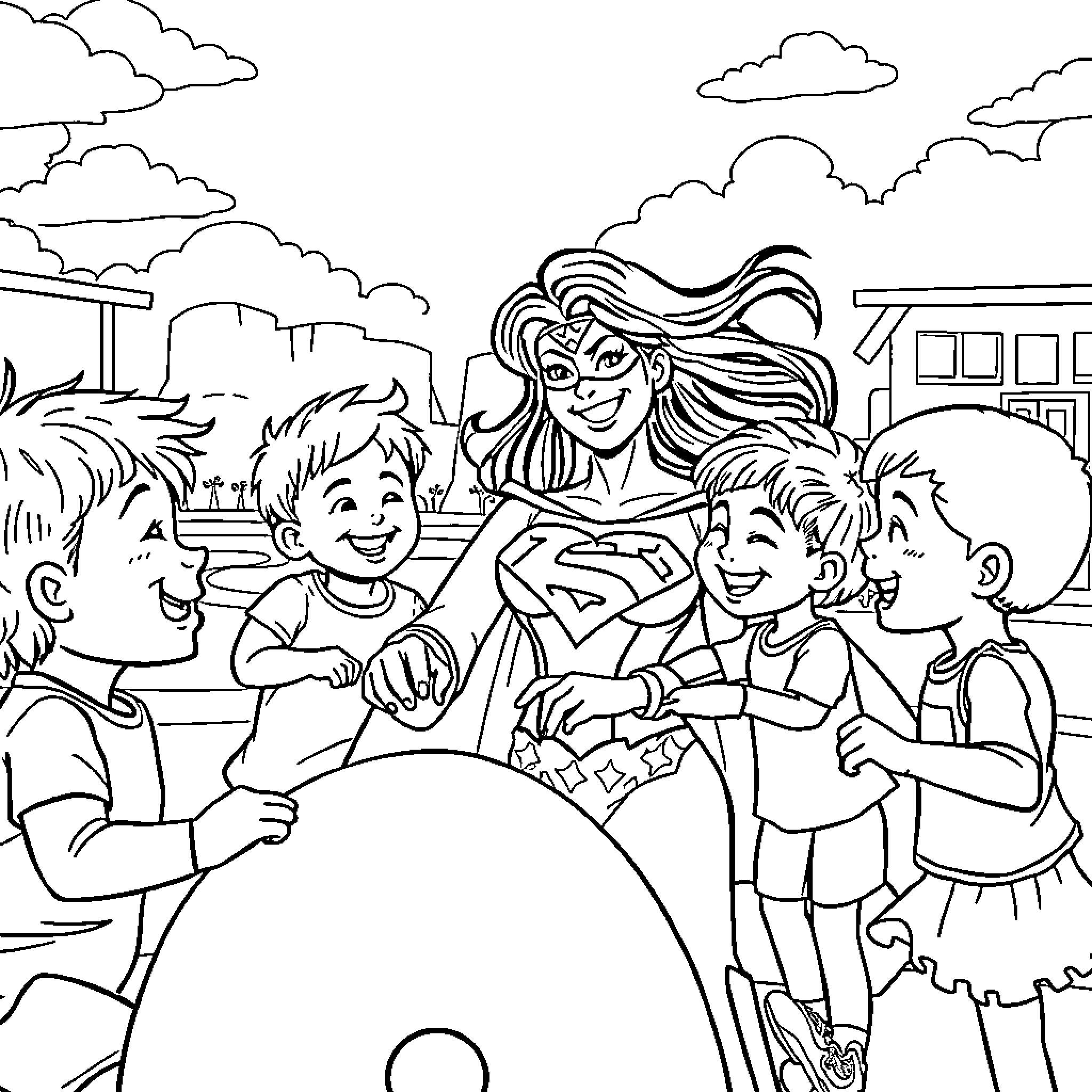 Superwoman inspiring and empowering children Coloring Page (free black-and-white line drawing printable PDF for all, from beginners to advanced learners, including children, teens, adults, and seniors)