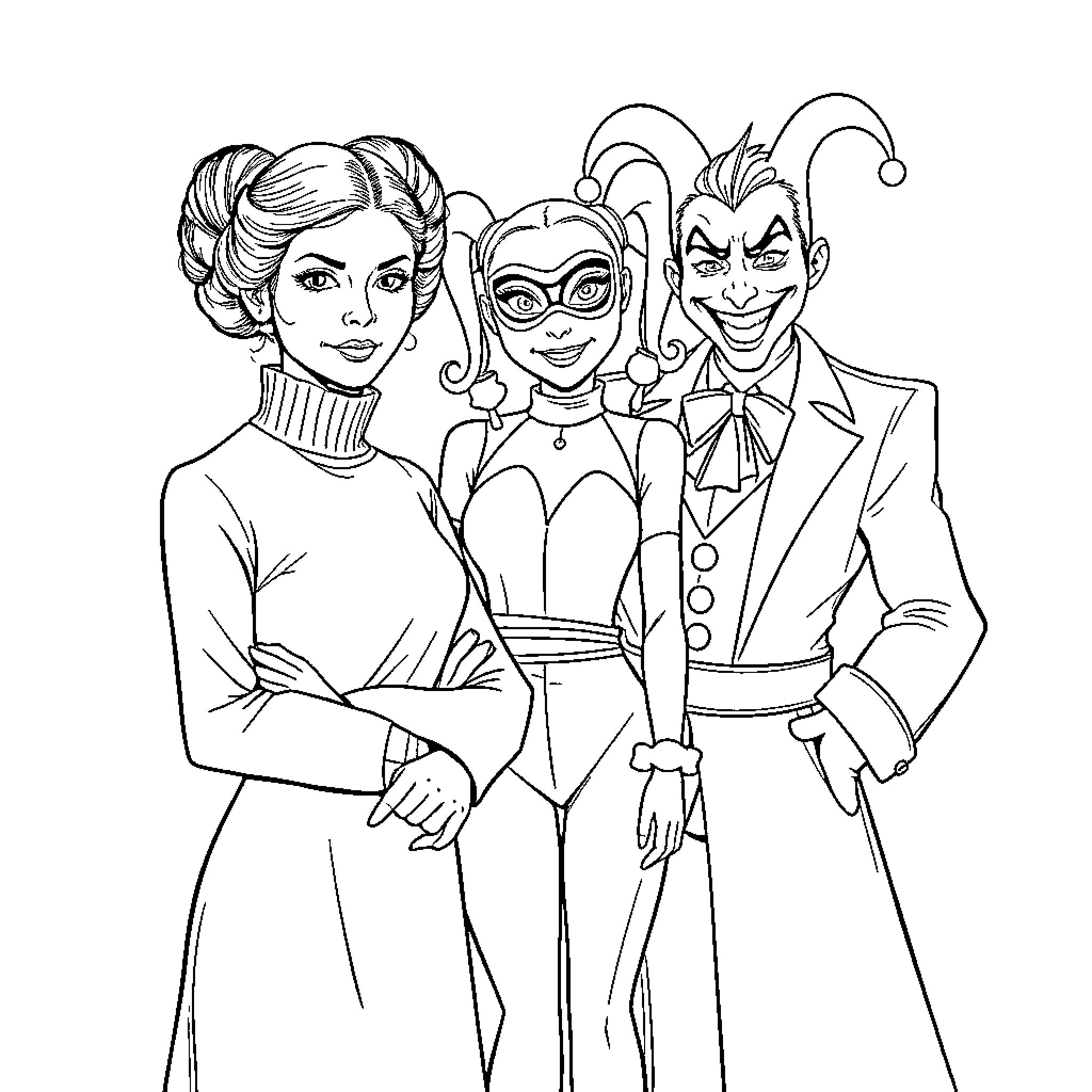 Princess and her Mischievous Companions Coloring Page (free black-and-white line drawing printable PDF for all, from beginners to advanced learners, including children, teens, adults, and seniors)