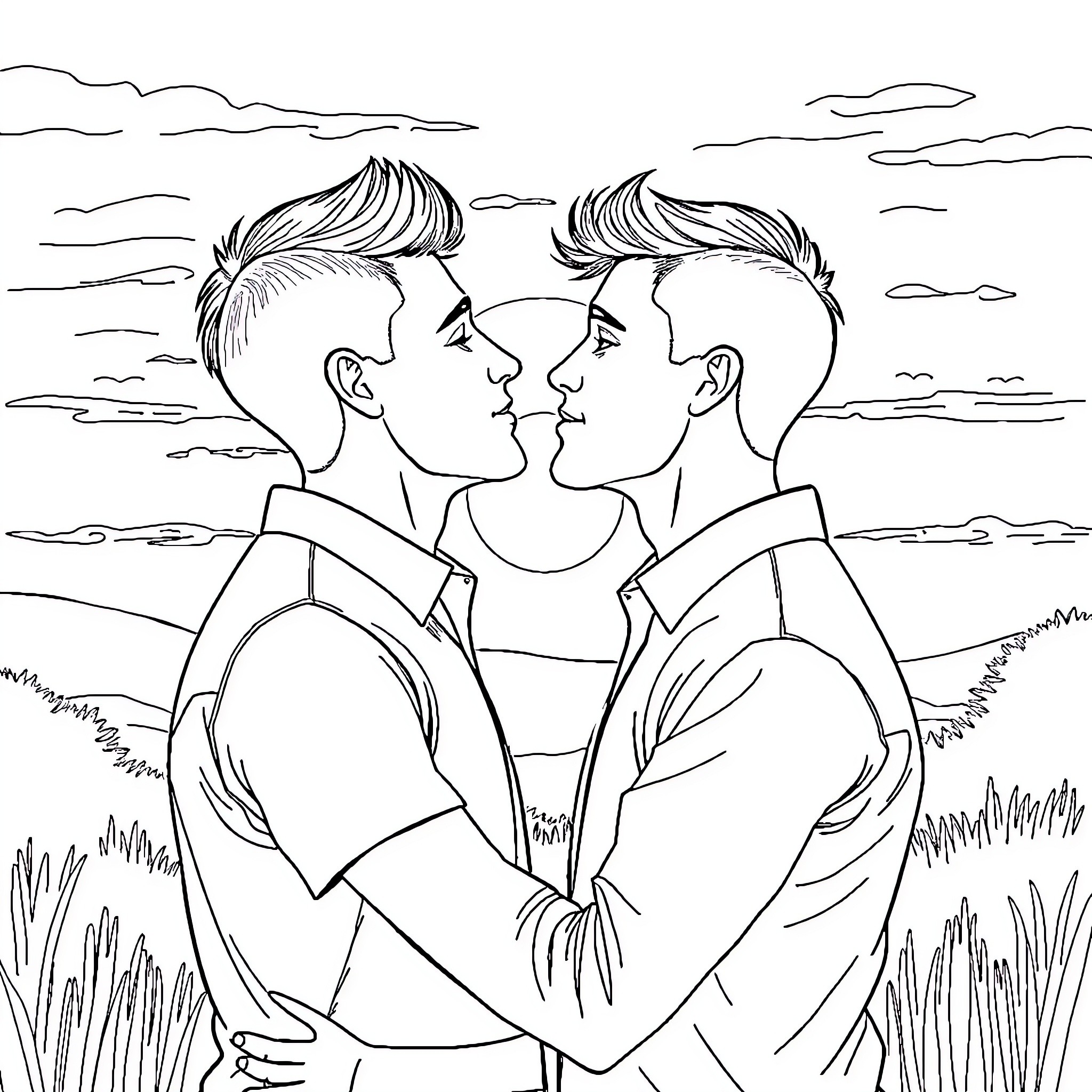 Man embracing another man in a scenic outdoor setting Coloring Page (free black-and-white line drawing printable PDF for all, from beginners to advanced learners, including children, teens, adults, and seniors)
