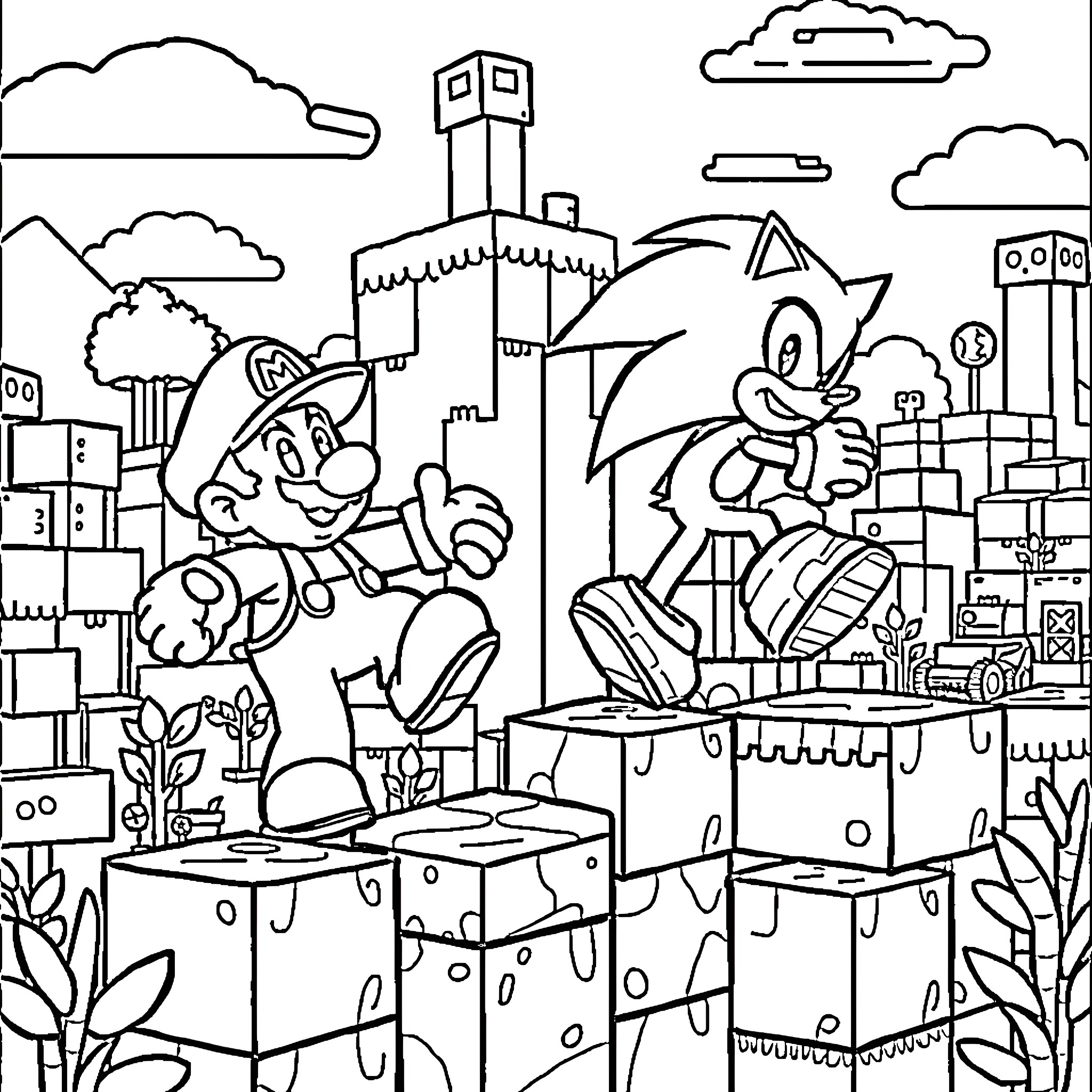 Mario and Sonic's Cityscape Adventure Coloring Page (free black-and-white line drawing printable PDF for all, from beginners to advanced learners, including children, teens, adults, and seniors)