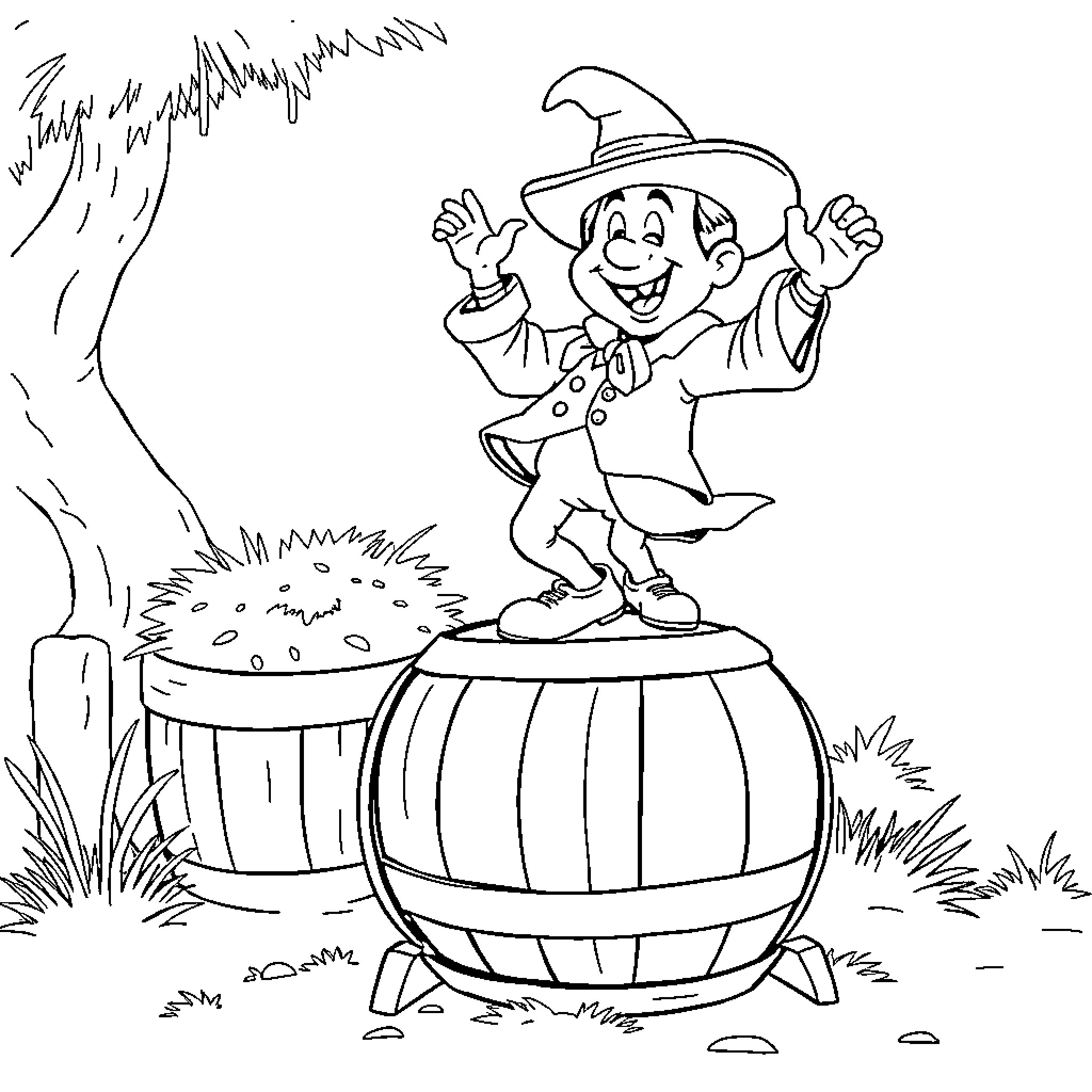 Chavo del Ocho celebrating with festive barrels Coloring Page (free black-and-white line drawing printable PDF for all, from beginners to advanced learners, including children, teens, adults, and seniors)