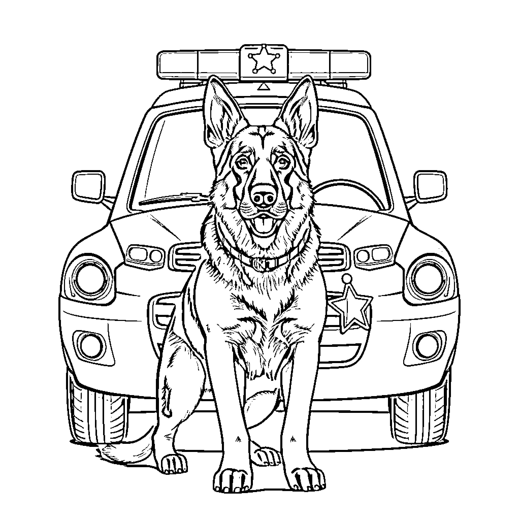 German Shepherd police dog standing in front of patrol car Coloring Page (free black-and-white line drawing printable PDF for all, from beginners to advanced learners, including children, teens, adults, and seniors)