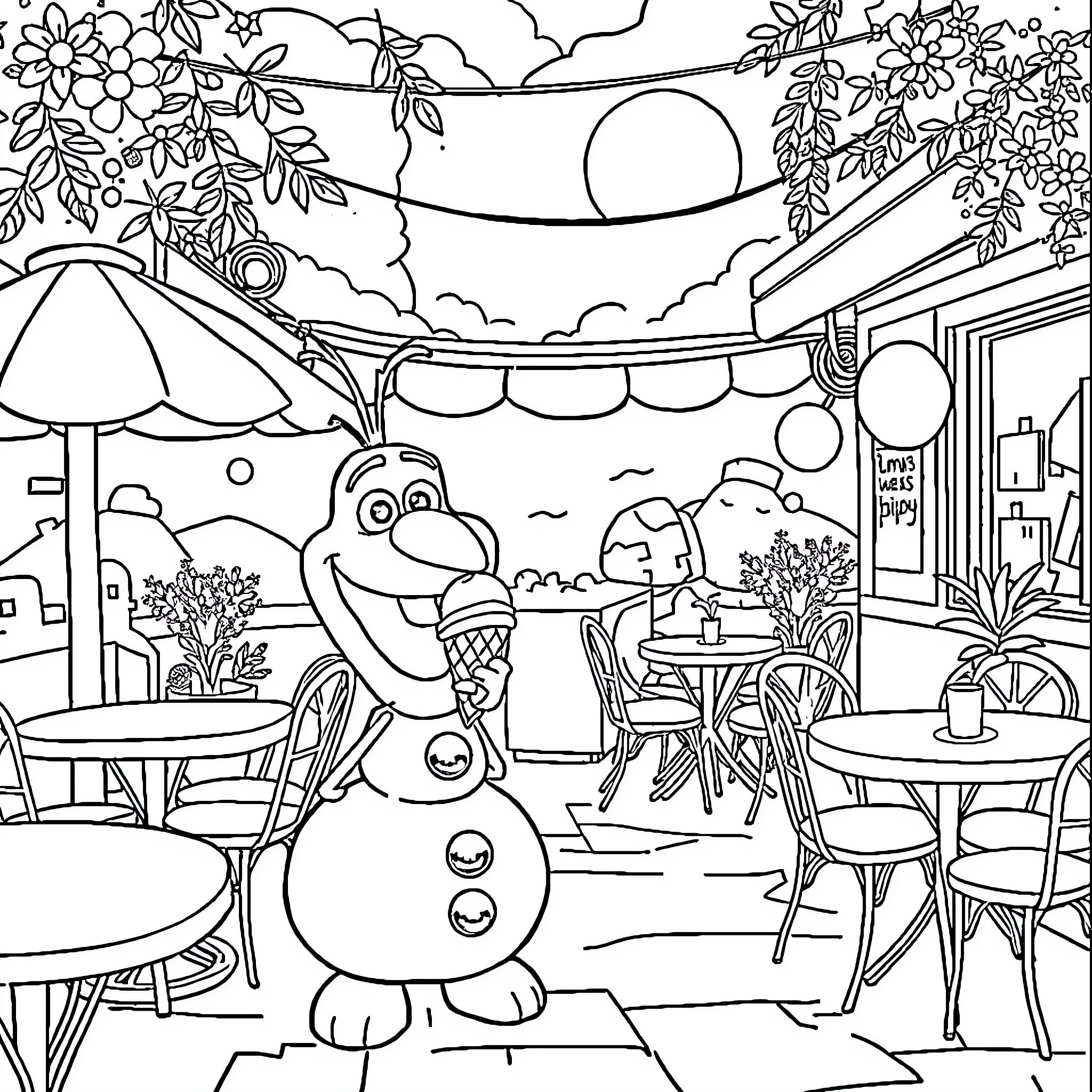 Olaf enjoying the lively outdoor cafe scene Coloring Page (free black-and-white line drawing printable PDF for all, from beginners to advanced learners, including children, teens, adults, and seniors)