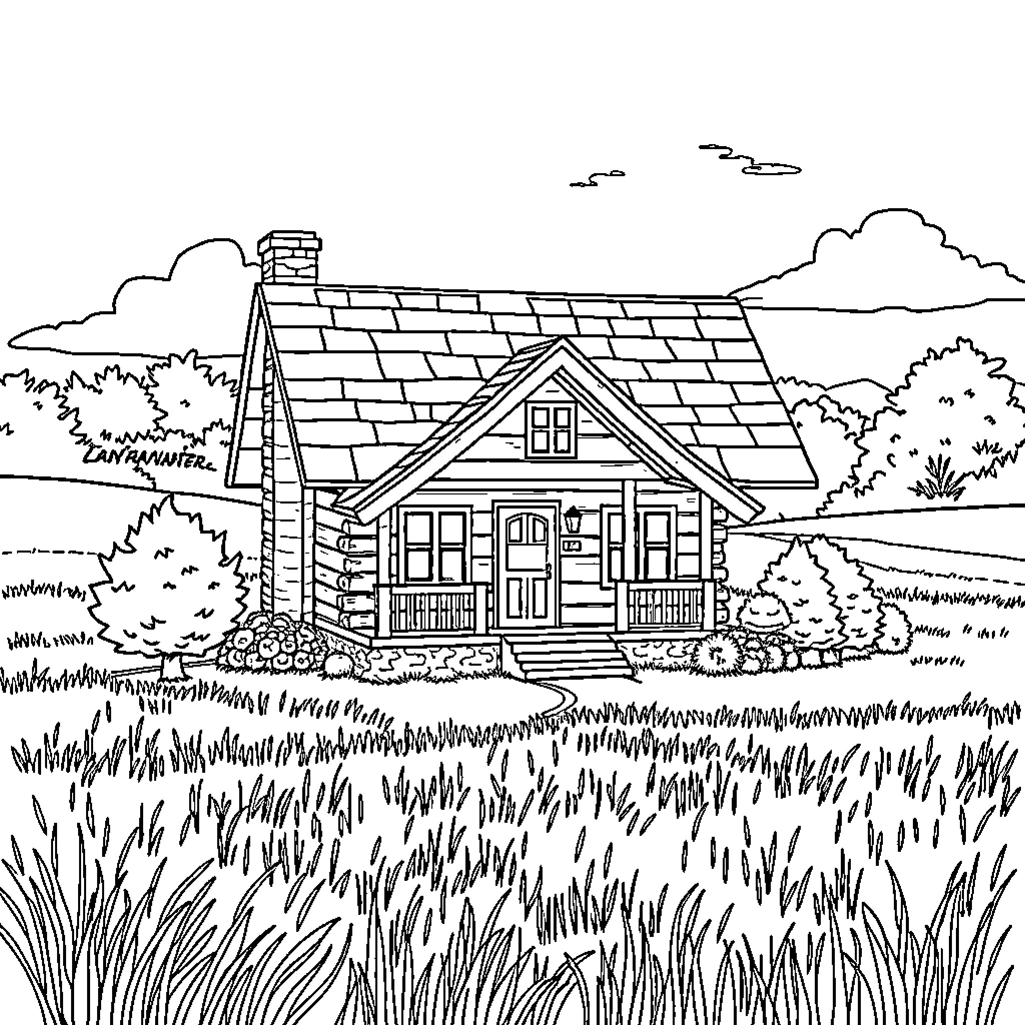House Surrounded by Nature's Tranquility Coloring Page (free black-and-white line drawing printable PDF for all, from beginners to advanced learners, including children, teens, adults, and seniors)