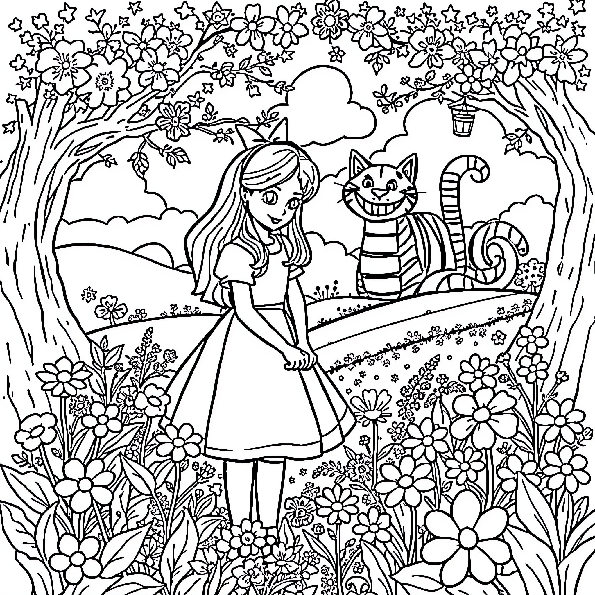 Alice's Whimsical Encounter with a Cheshire Cat Coloring Page (free black-and-white line drawing printable PDF for all, from beginners to advanced learners, including children, teens, adults, and seniors)