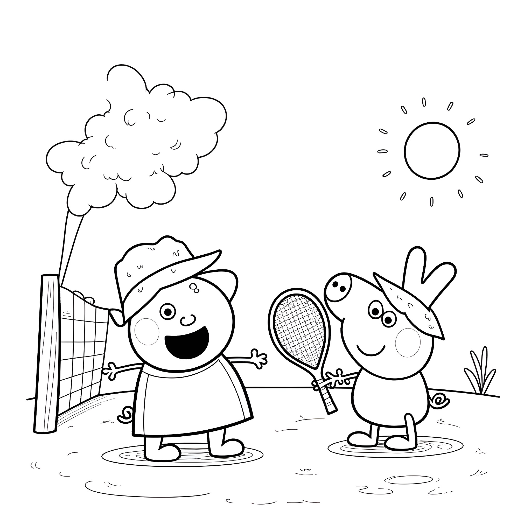 Bluey and friends playing tennis in the sunny park Coloring Page (free black-and-white line drawing printable PDF for all, from beginners to advanced learners, including children, teens, adults, and seniors)