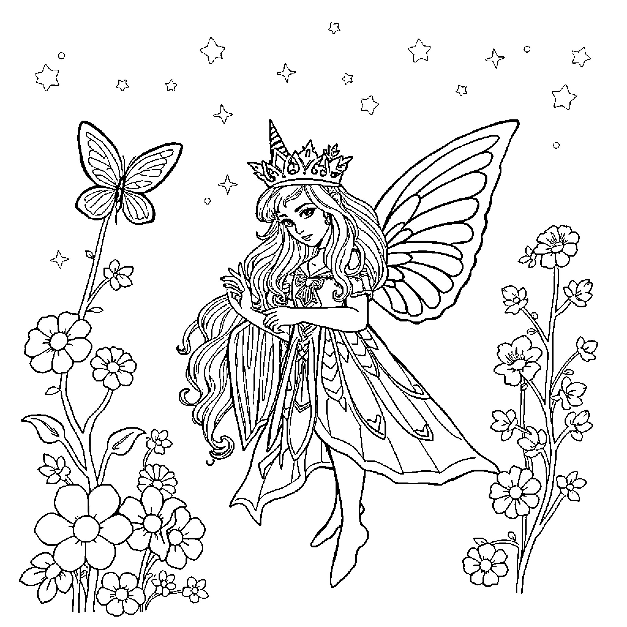Doll fairy with crown and wings in floral garden Coloring Page (free black-and-white line drawing printable PDF for all, from beginners to advanced learners, including children, teens, adults, and seniors)