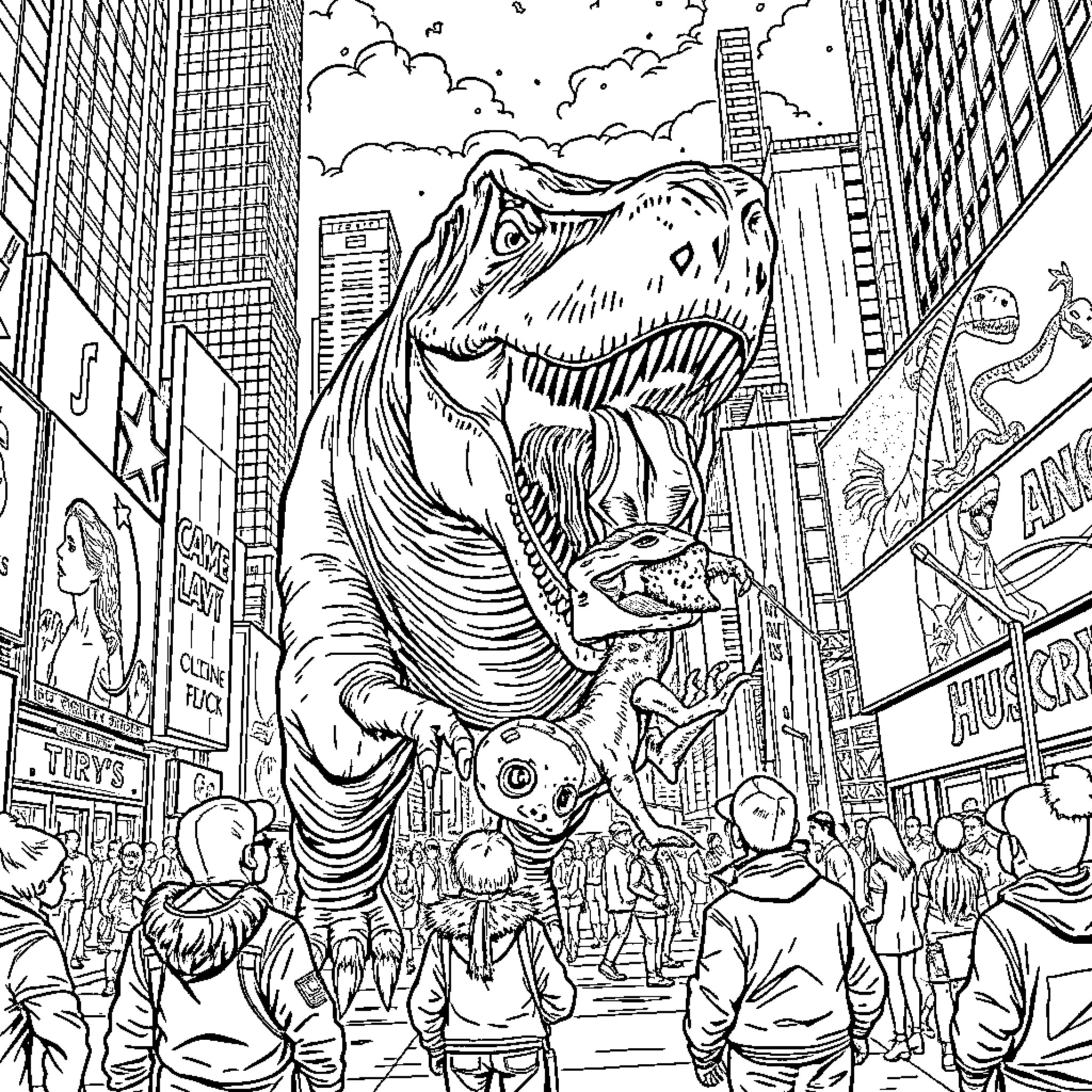 T-Rex stomping through the city streets Coloring Page (free black-and-white line drawing printable PDF for all, from beginners to advanced learners, including children, teens, adults, and seniors)