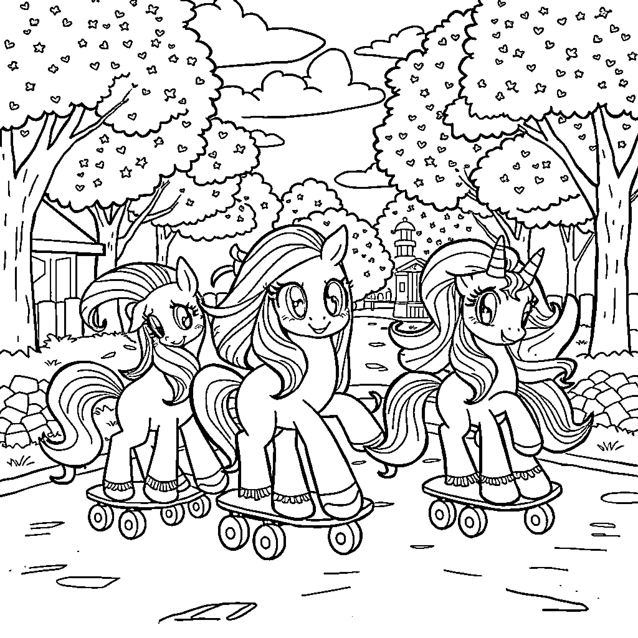 Pony friends enjoying a roller skating adventure Coloring Page (free black-and-white line drawing printable PDF for all, from beginners to advanced learners, including children, teens, adults, and seniors)