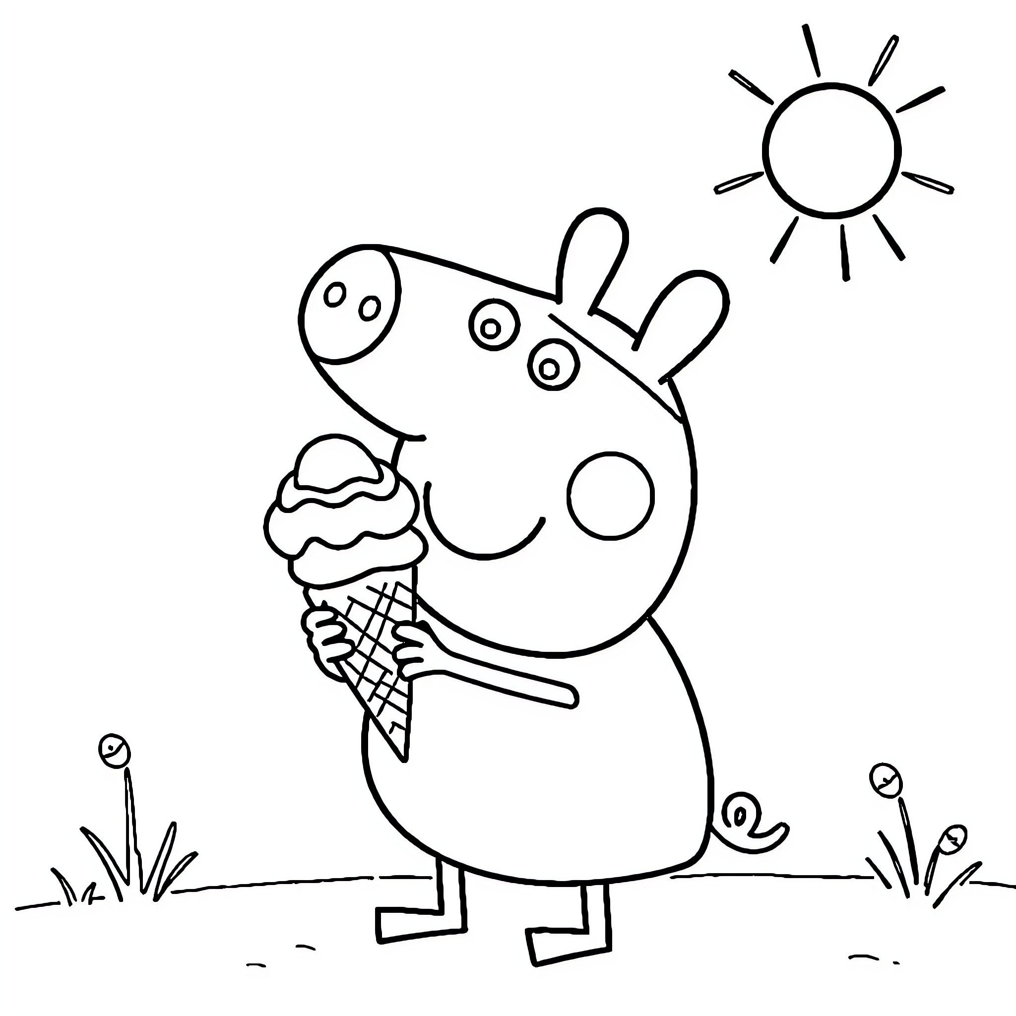 Peppa Pig enjoying an ice cream on a sunny day Coloring Page (free black-and-white line drawing printable PDF for all, from beginners to advanced learners, including children, teens, adults, and seniors)