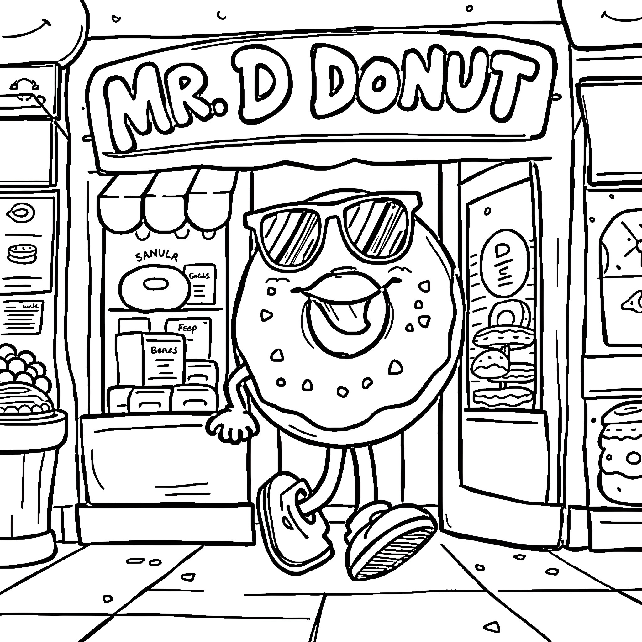 Donut shop with a friendly character Coloring Page (free black-and-white line drawing printable PDF for all, from beginners to advanced learners, including children, teens, adults, and seniors)